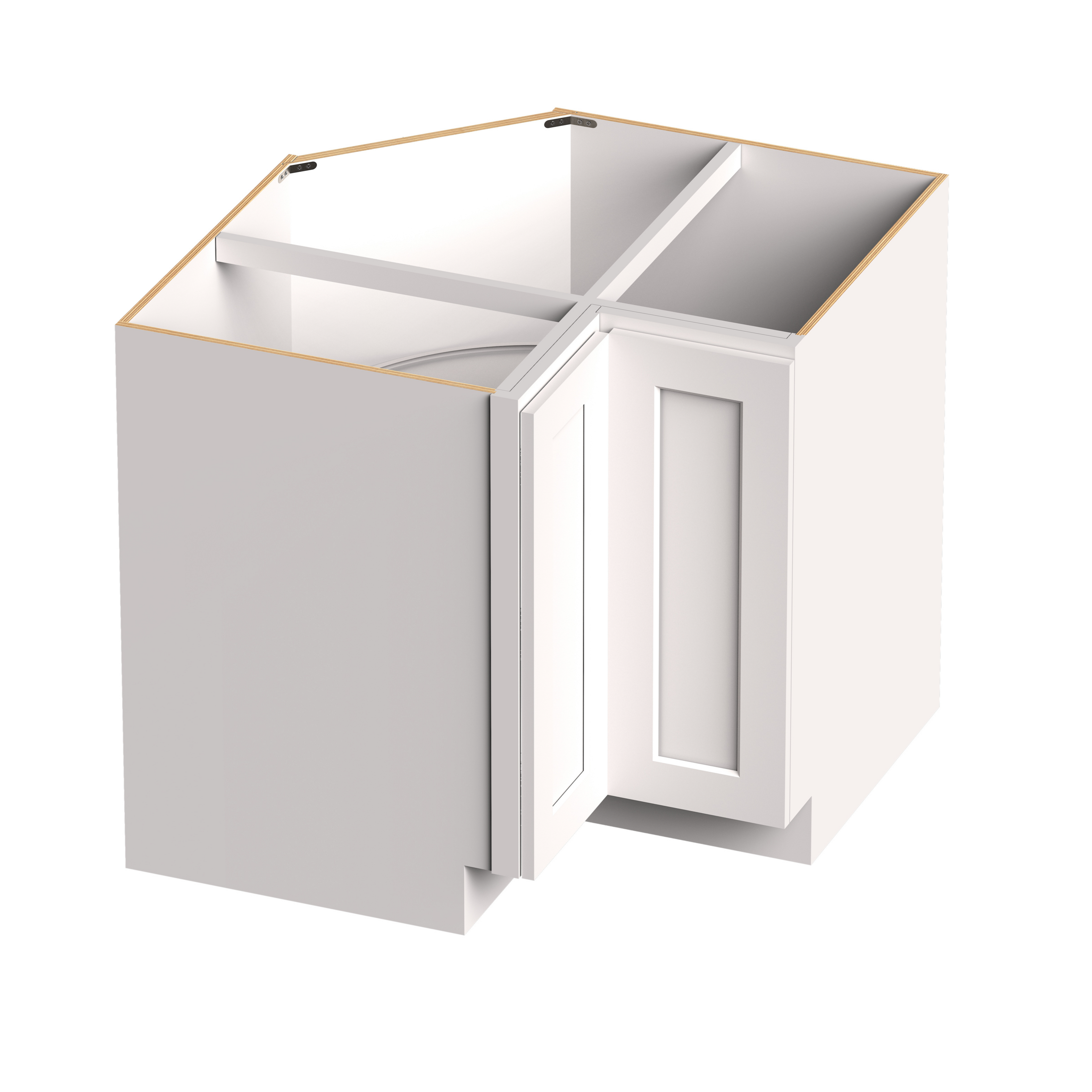 White Shaker RTA 36"W x 24"D x 34.5"H Corner Base Cabinets (Lazy Susan Base) with 1 (Bifold) Door and 2 (Turntables) Shelves