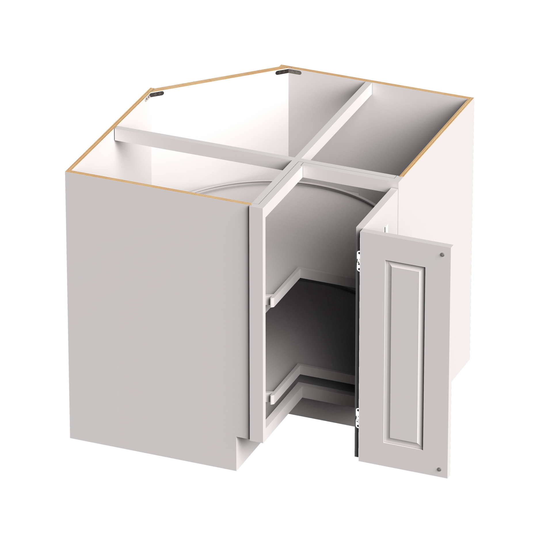 White Shaker RTA 36"W x 24"D x 34.5"H Corner Base Cabinets (Lazy Susan Base) with 1 (Bifold) Door and 2 (Turntables) Shelves