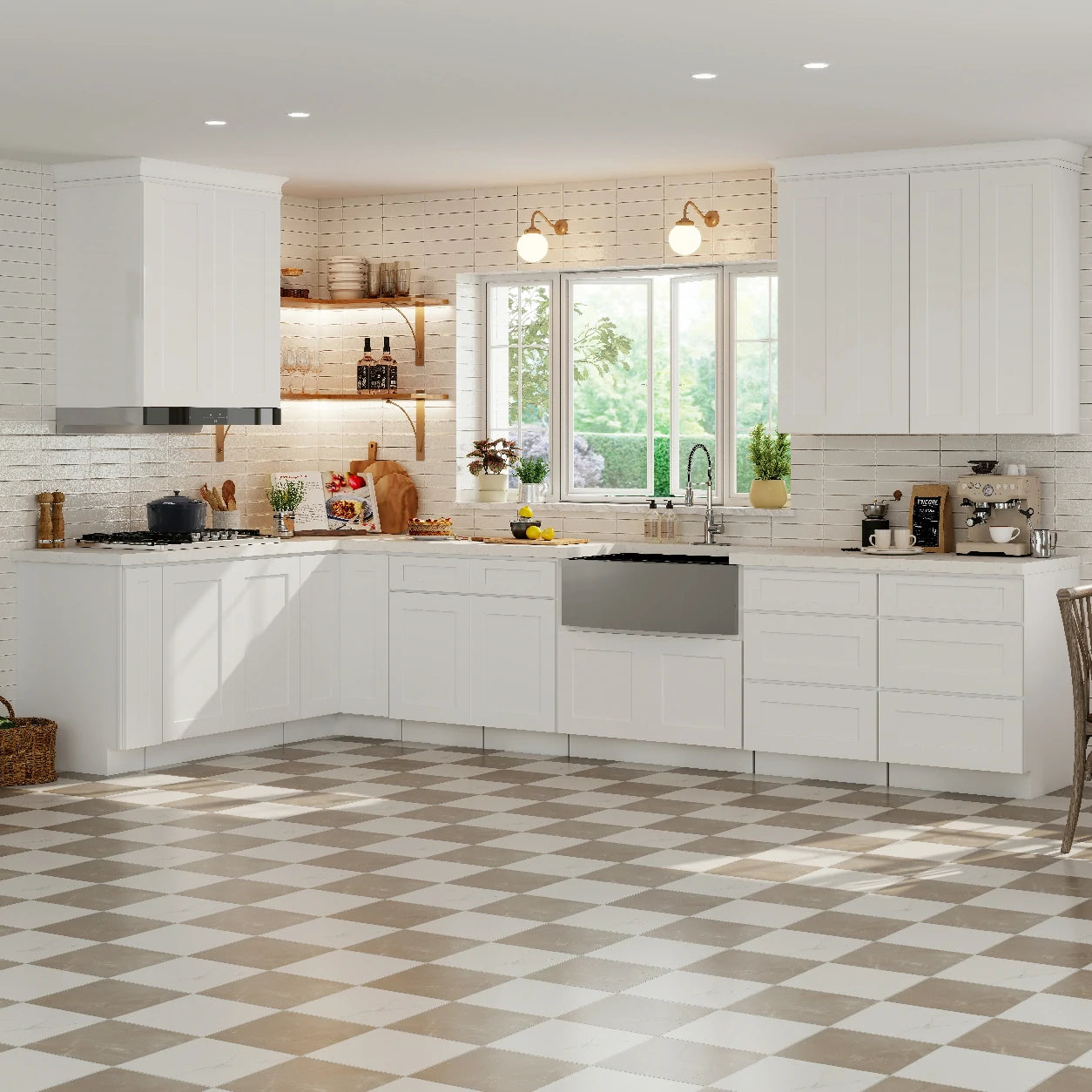 White Shaker RTA Kitchen Cabinets - L-Shaped Cabinet Set (13' × 7' Layout)