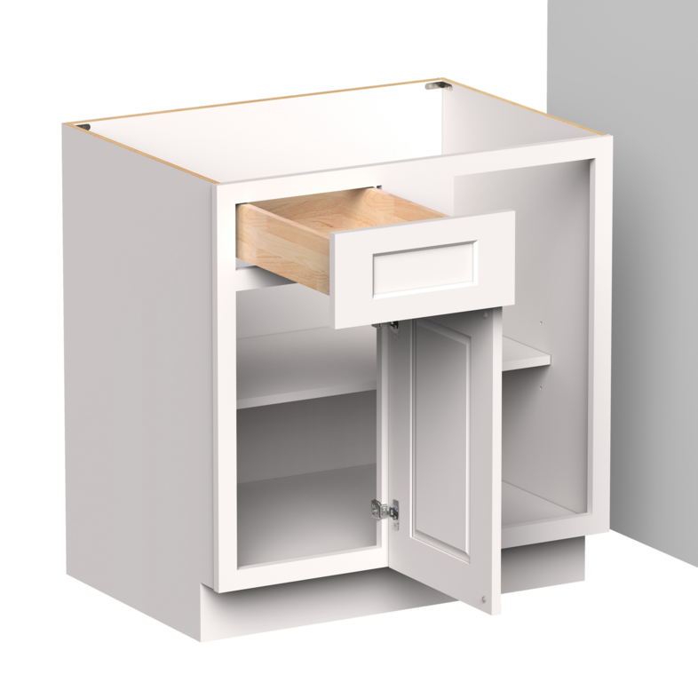 White Shaker RTA 33"W x 24"D x 34.5"H Blind Corner Base Cabinet with 1 Drawer and 1 Door