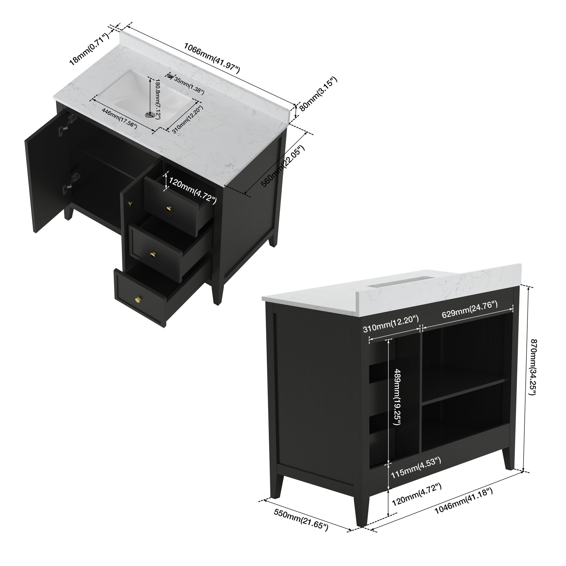 42" Matte Black Bathroom Vanity with Single Sink & Marble Top