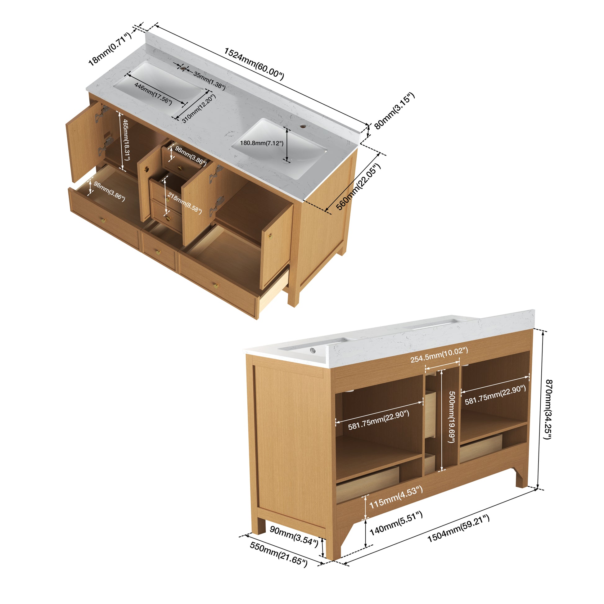 48"/60"/72" Freestanding Bathroom Vanity with Single/Double Sink & Marble Top