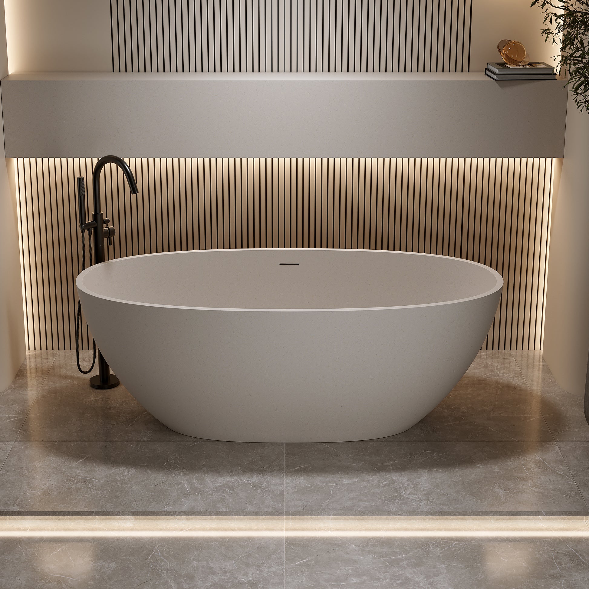 55"/59"/67" Modern Beige Stone Resin Freestanding Soaking Bathtub with Center Overflow and Drain
