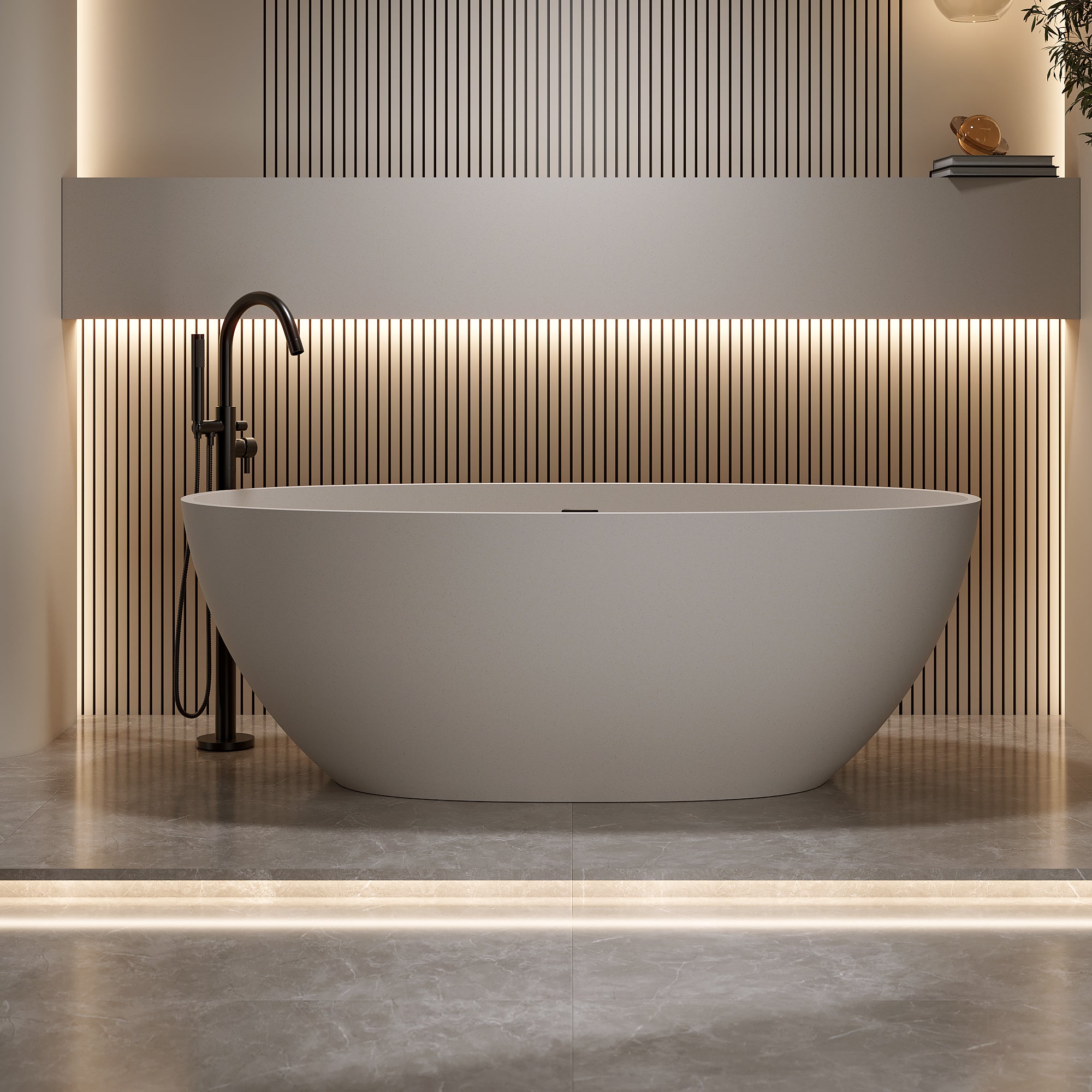 55"/59"/67" Modern Beige Stone Resin Freestanding Soaking Bathtub with Center Overflow and Drain