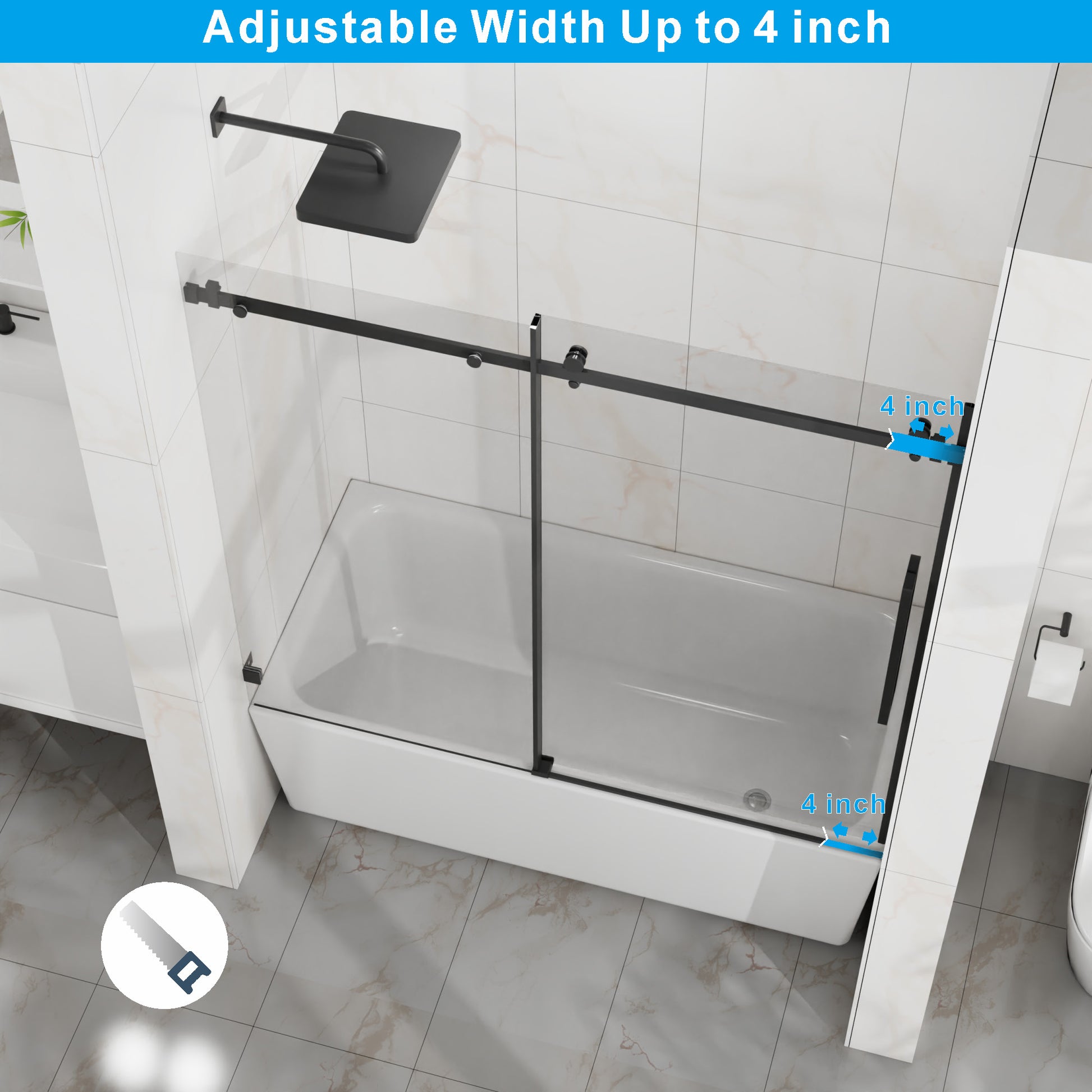 60"x 58" Bathtub Door, Frameless Tub Sliding Shower Door
