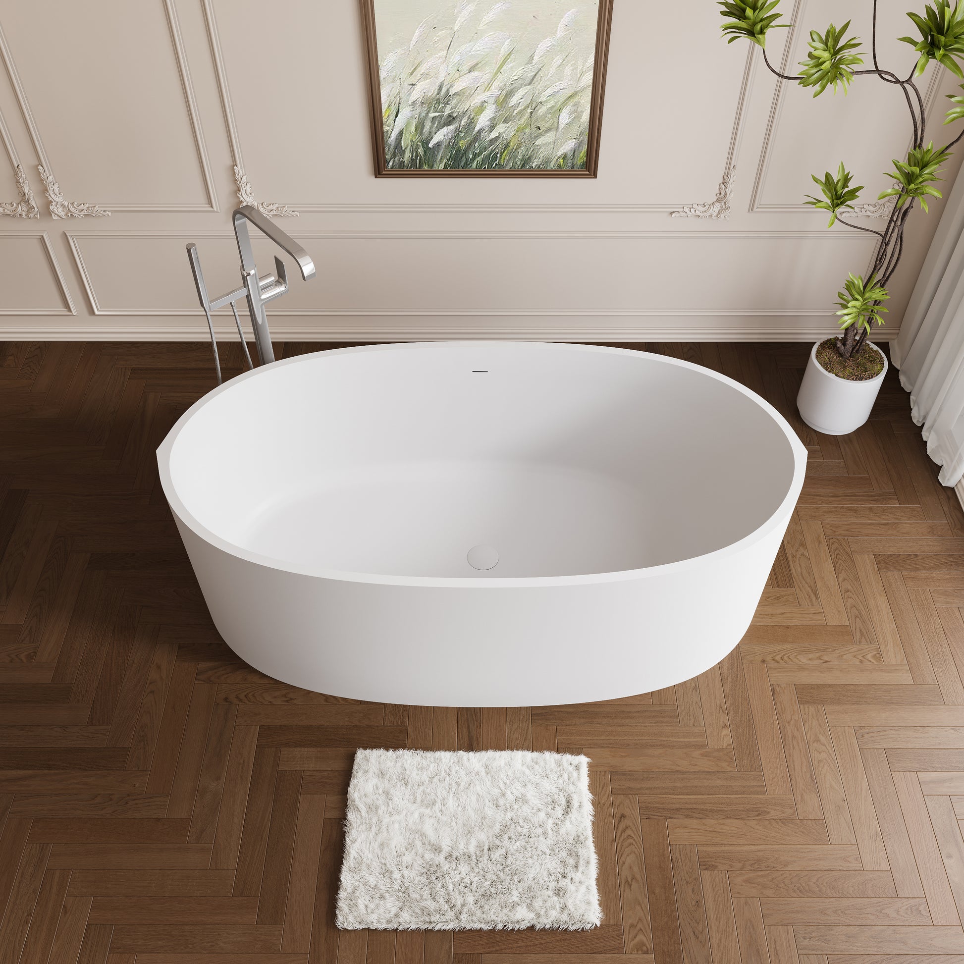 65" Modern Stone Resin Soaking Tub with Ergonomic Design & Copper Pop-Up Drain