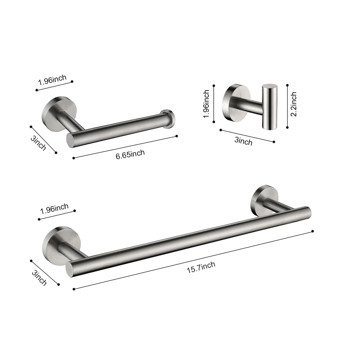 3-Piece Bathroom Hardware Accessories Set with Towel Bar Toilet Paper Holder & Robe Hook