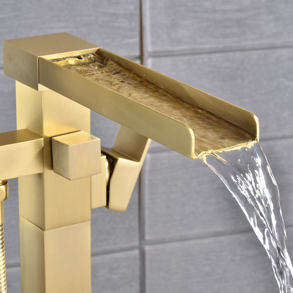Casainc Freestanding 1-Handle Waterfall Bathtub Faucet with Handheld Shower (Brushed Gold)-CASAINC