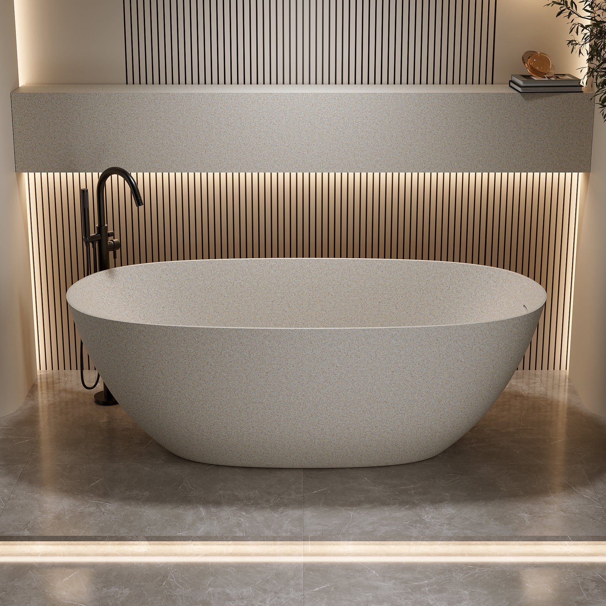 57"/61"/65"/69" Cream Grey Stone Resin Freestanding Soaking Bathtub with One-Side Overflow