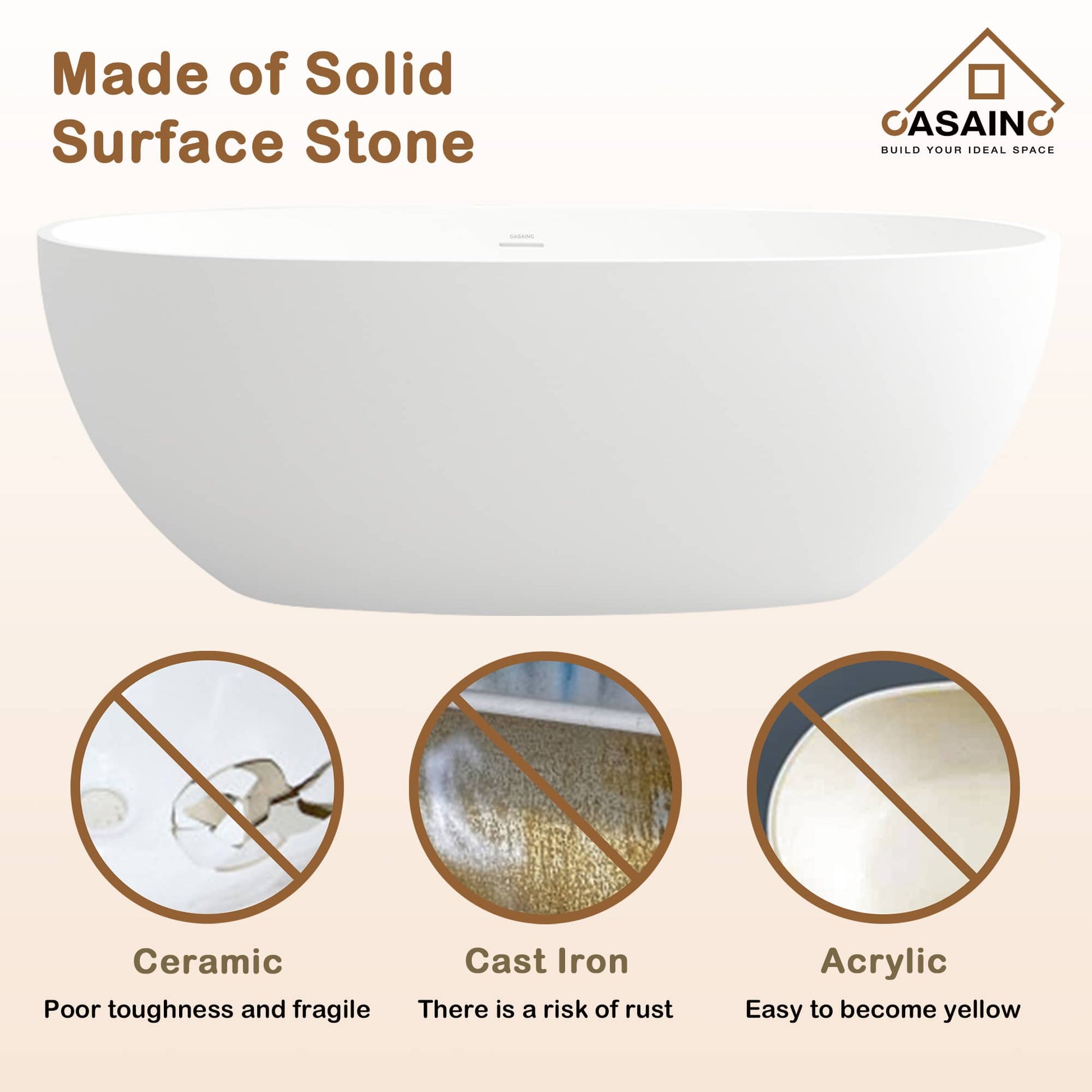 CASAINC 55 in. Solid Surface Free-Standing Bathtub with Centre Drain in Matte White