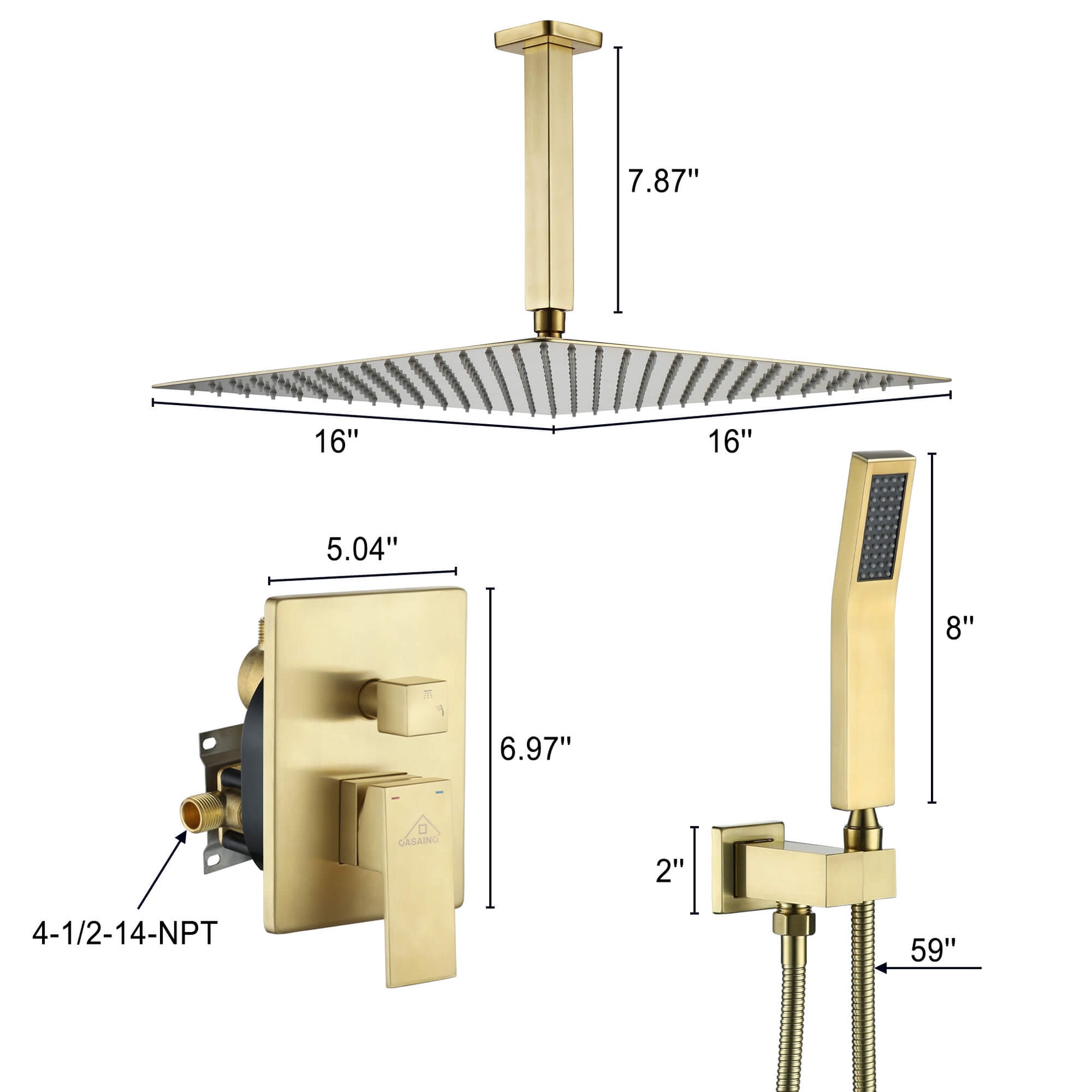 Casainc 2-Function Wall-Mounted/Ceiling-Mounted Shower System with Handheld Shower in Brushed Gold