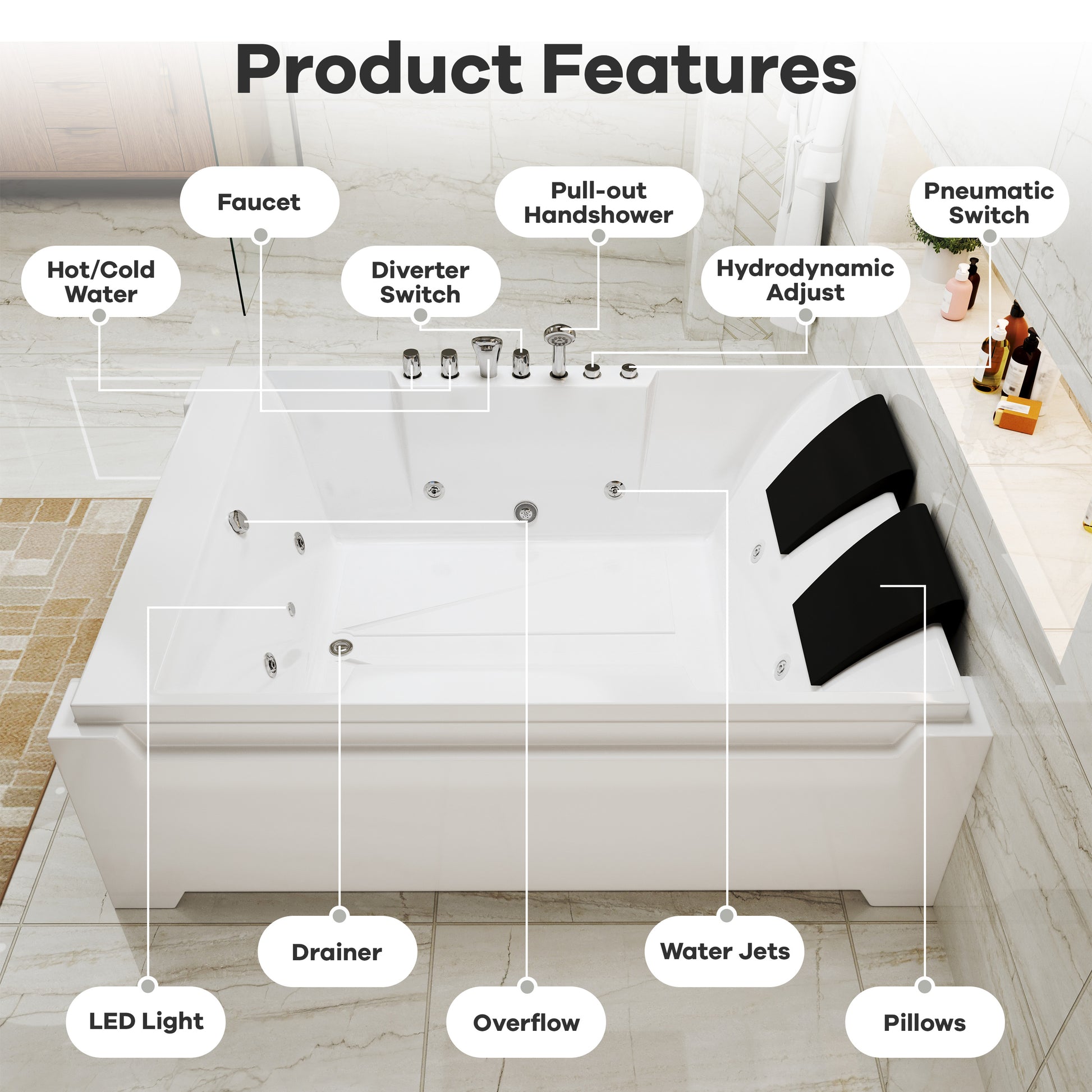 73" Two-Person Whirlpool Tub with Hydro Massage Jets & Chromotherapy Lighting