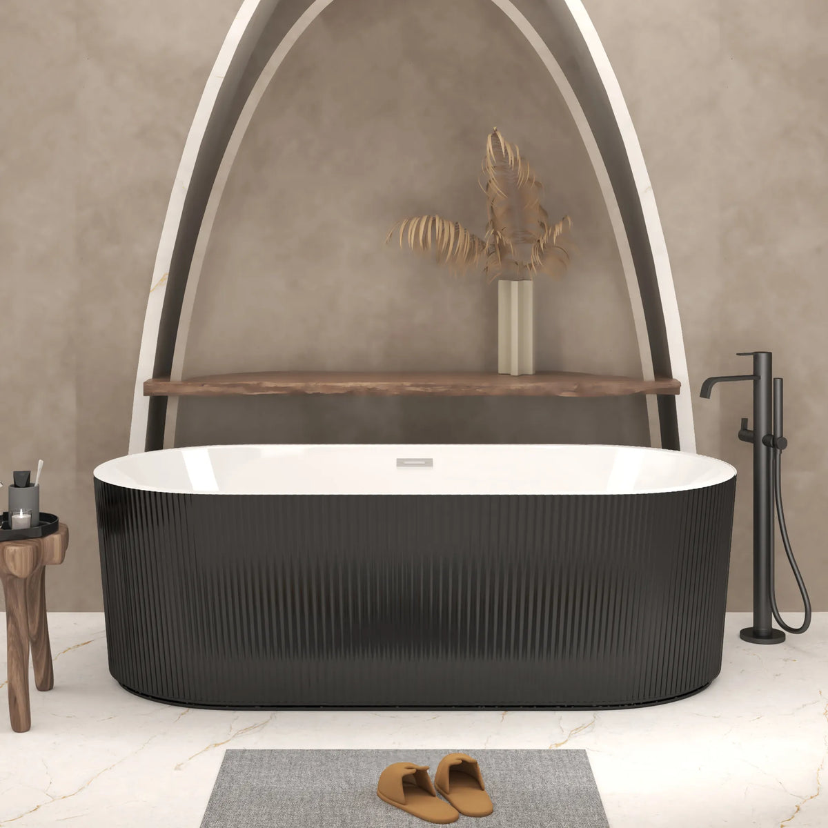 59"/67" Acrylic Freestanding Bathtub with Vertical Fluted Exterior, Gloss Black/White