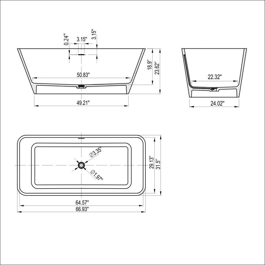 67 Inch Freestanding Solid Surface Soaking Bathtub for Bathroom
