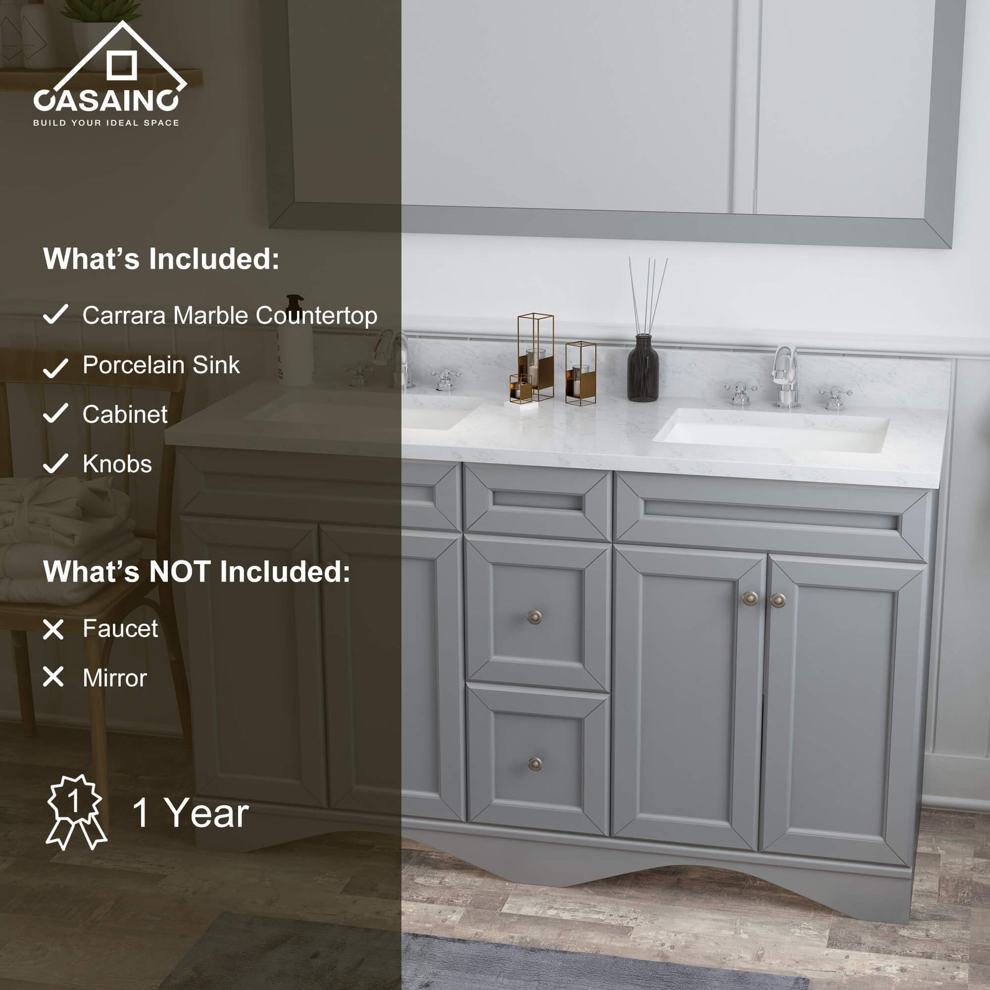 CASAINC 60 x 22 x 35.4 in. Solid Wood Bath Vanity with Marble Top and Backsplash in Gray/White (No/With Mirror)