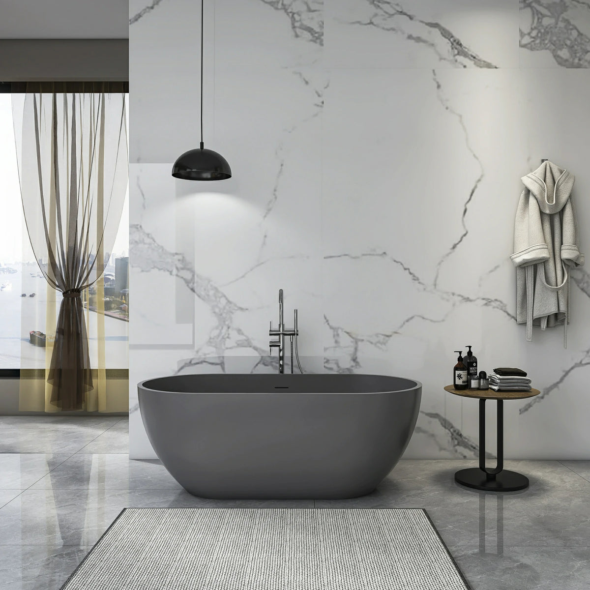 63" Oval Solid Surface Freestanding Bathtub in Matte White and Dark Grey