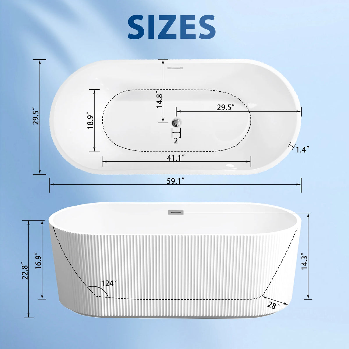 59"/67" Acrylic Freestanding Bathtub with Vertical Fluted Exterior, Gloss Black/White