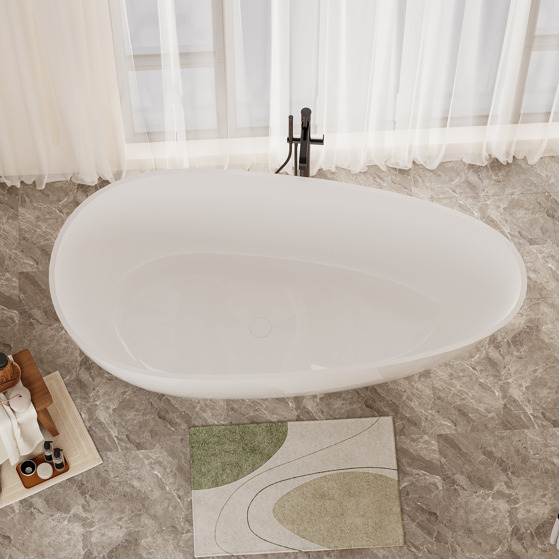 59" Luxury Handcrafted Freestanding Solid Surface Soaking Bathtub in Glossy White
