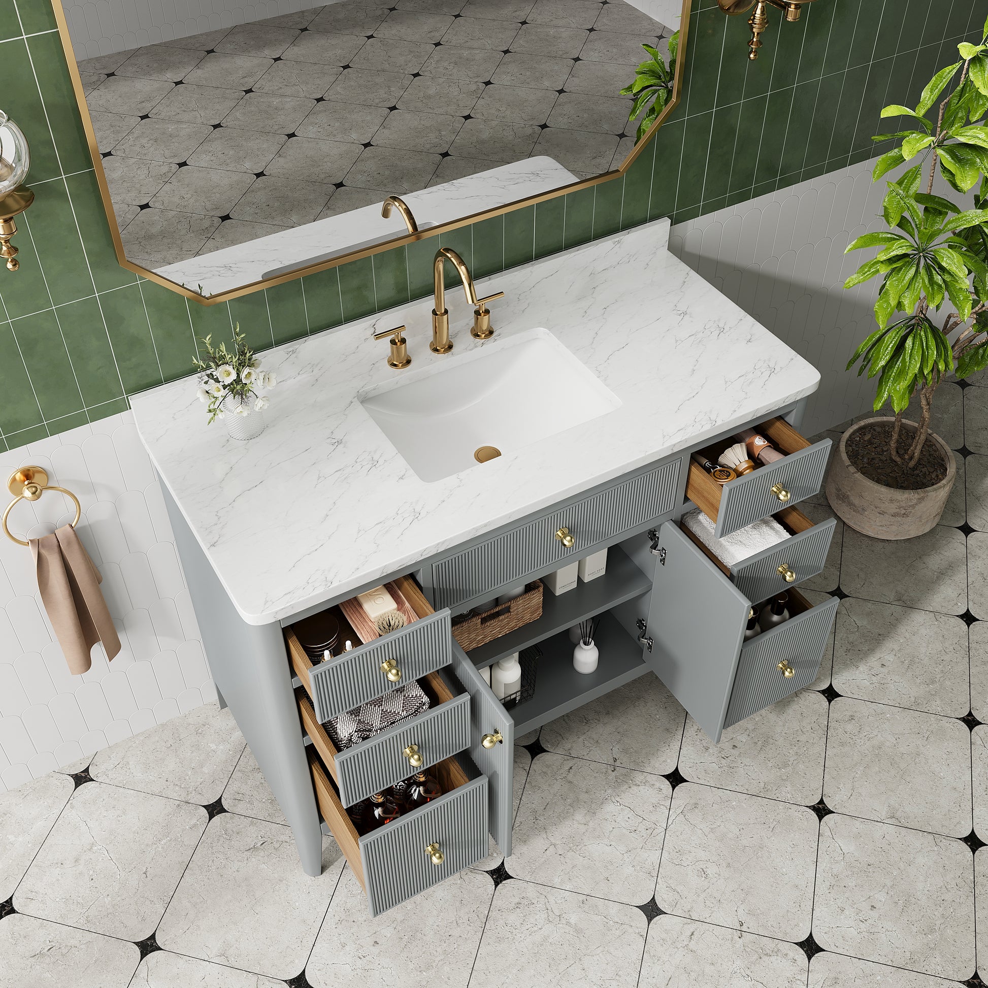 30"/36"/48" Freestanding Single Sink Bathroom Vanity with Solid Wood Construction & Marble Top