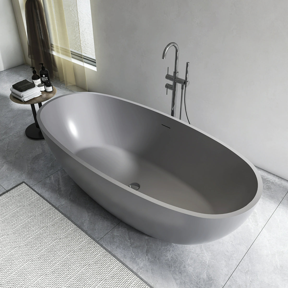 65.2" Matte Gray Solid Surface Freestanding Soaking Bathtub