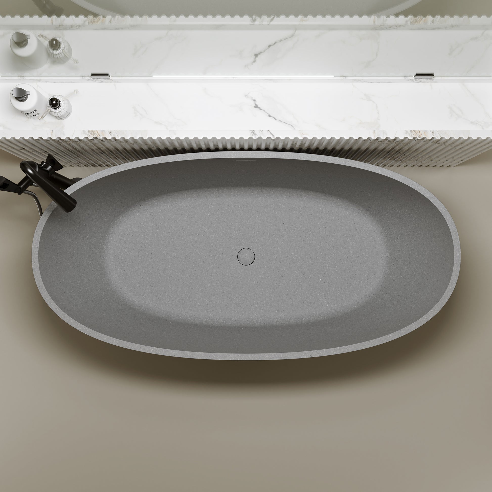 55"/59"/63"/67"/71" Contemporary Grey Stone Resin Soaking Tub with Oval Design and Center Overflow