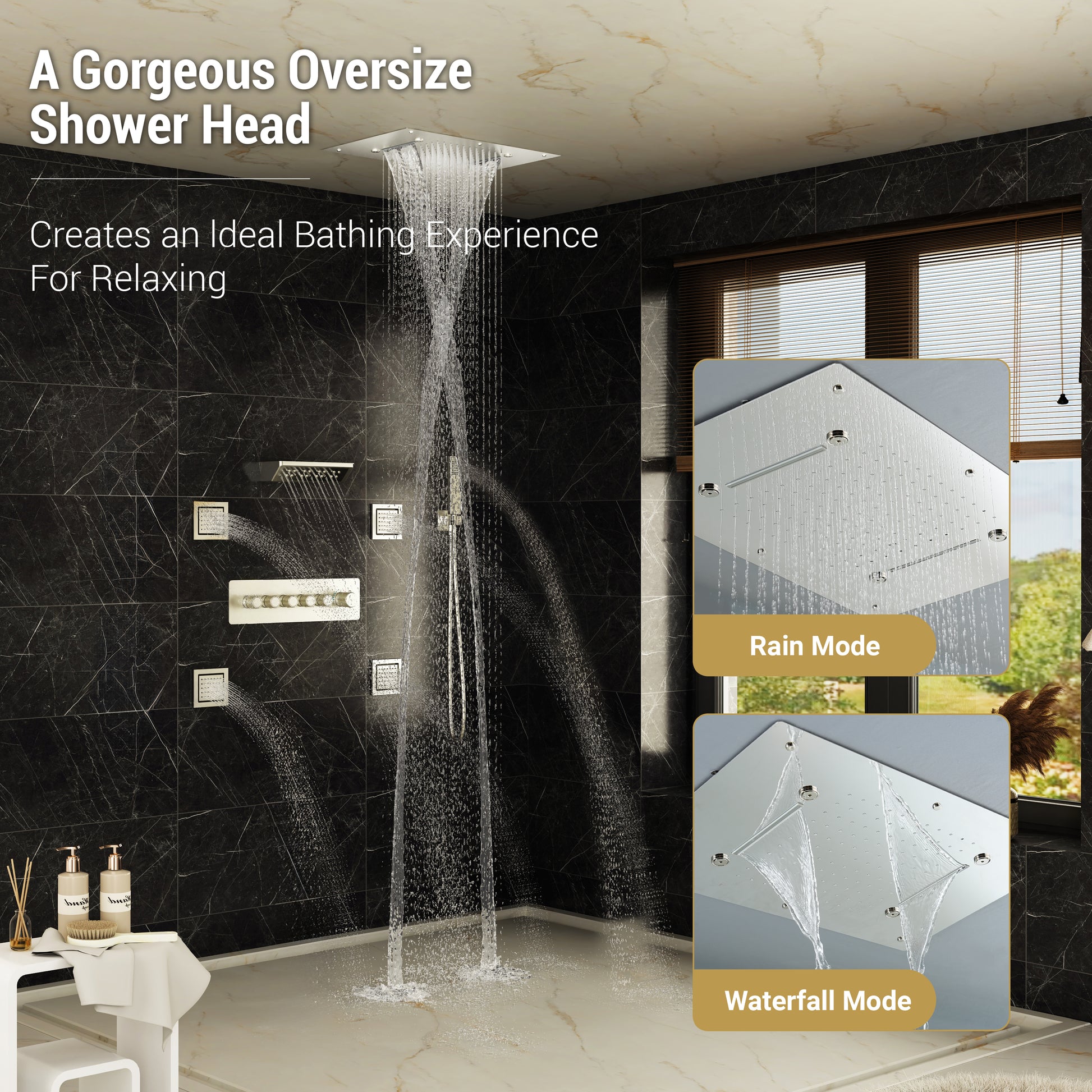 23.6" x 15.7" Ceiling-Mounted 5-Function Thermostatic Shower System with Neck/Back Massage Spout