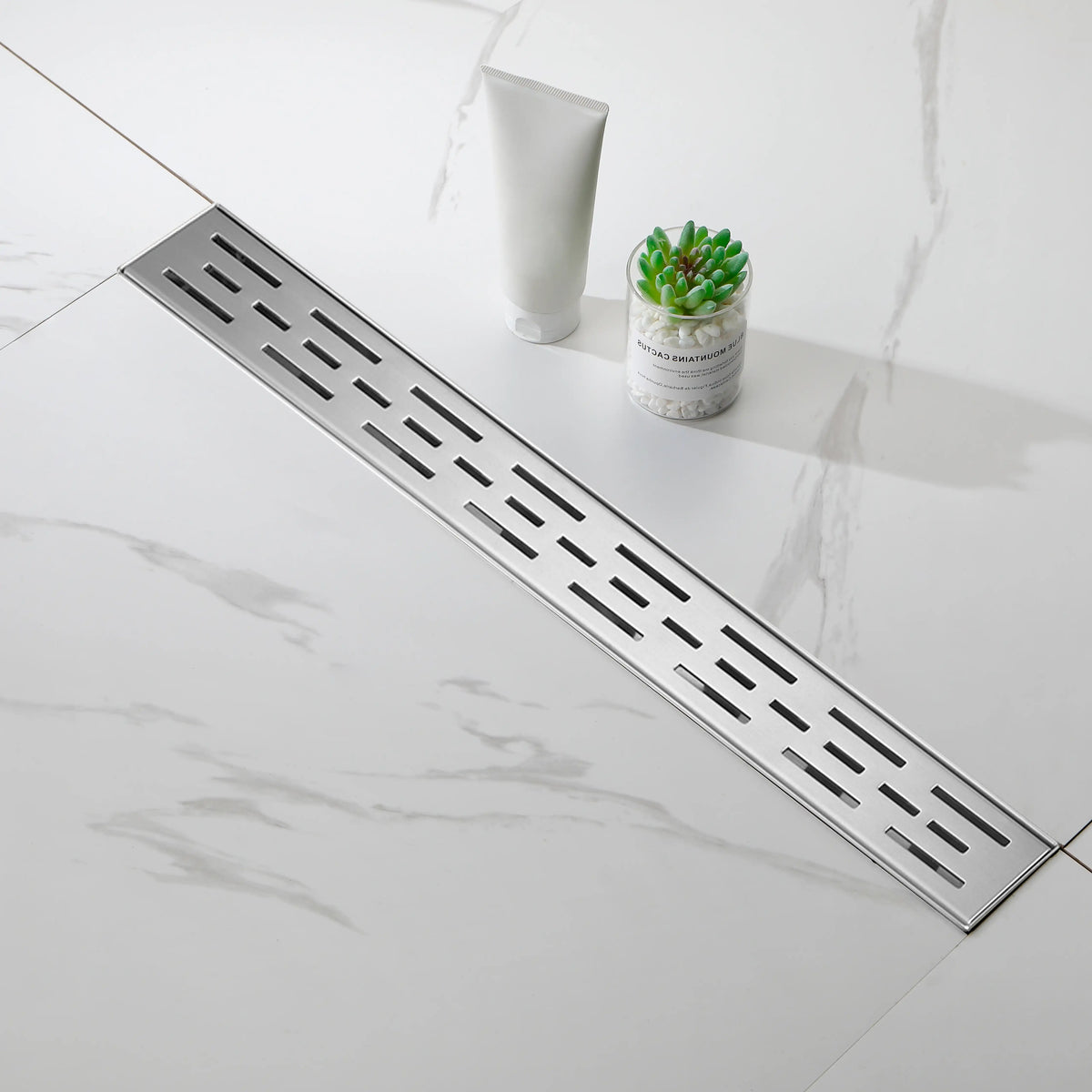 Linear Shower Drain with Brick Pattern Grate Cover and Hair Strainer in 304 Stainless Steel