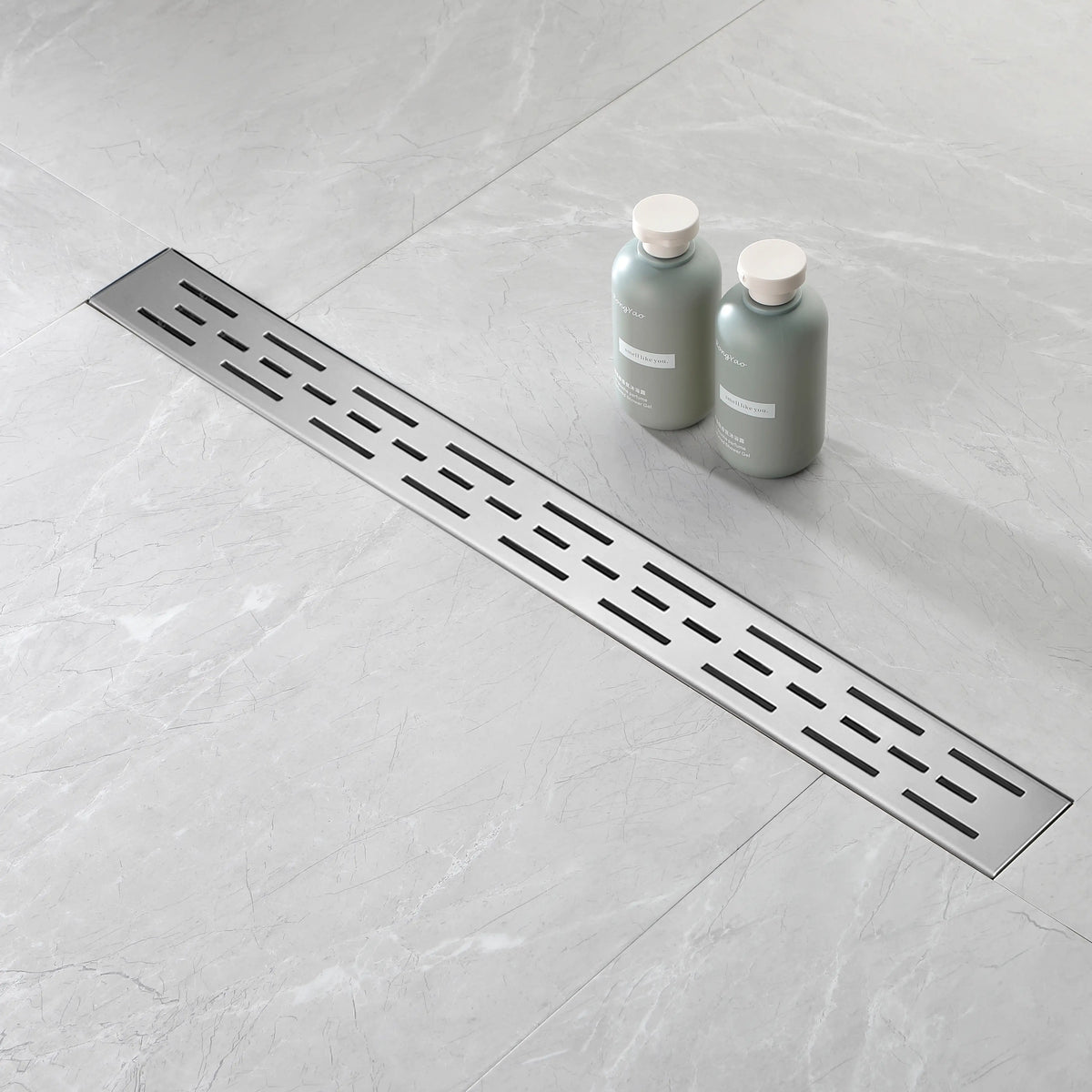 Linear Shower Drain with Brick Pattern Grate Cover and Hair Strainer in 304 Stainless Steel