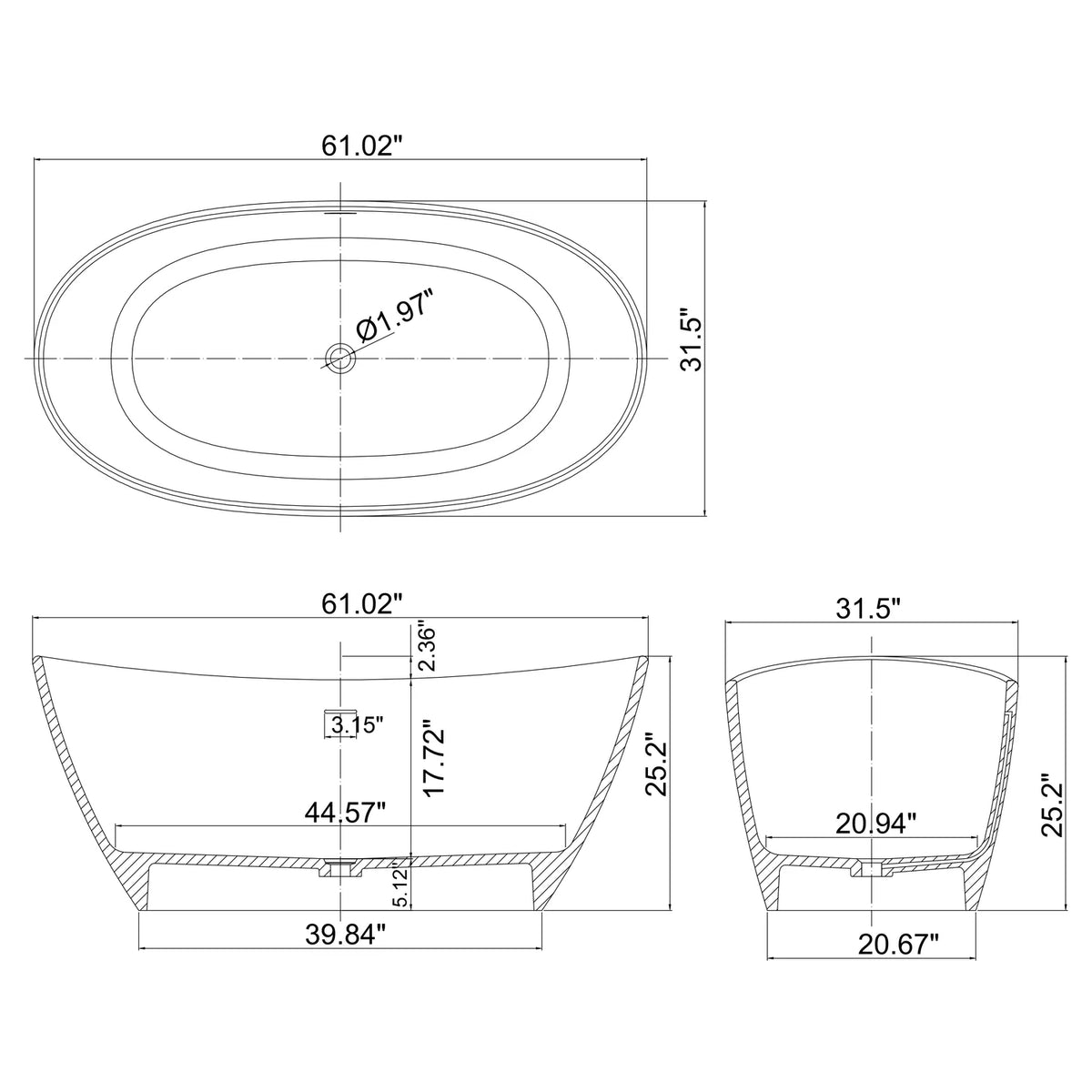 61" Solid Surface Freestanding Soaking Bathtub for Small to Medium Bathrooms