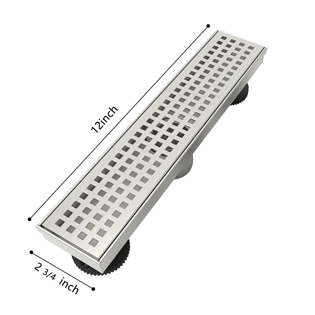 Linear Shower Drain with Removable Patterned Grate Cover Hair Strainer and Leveling Feet