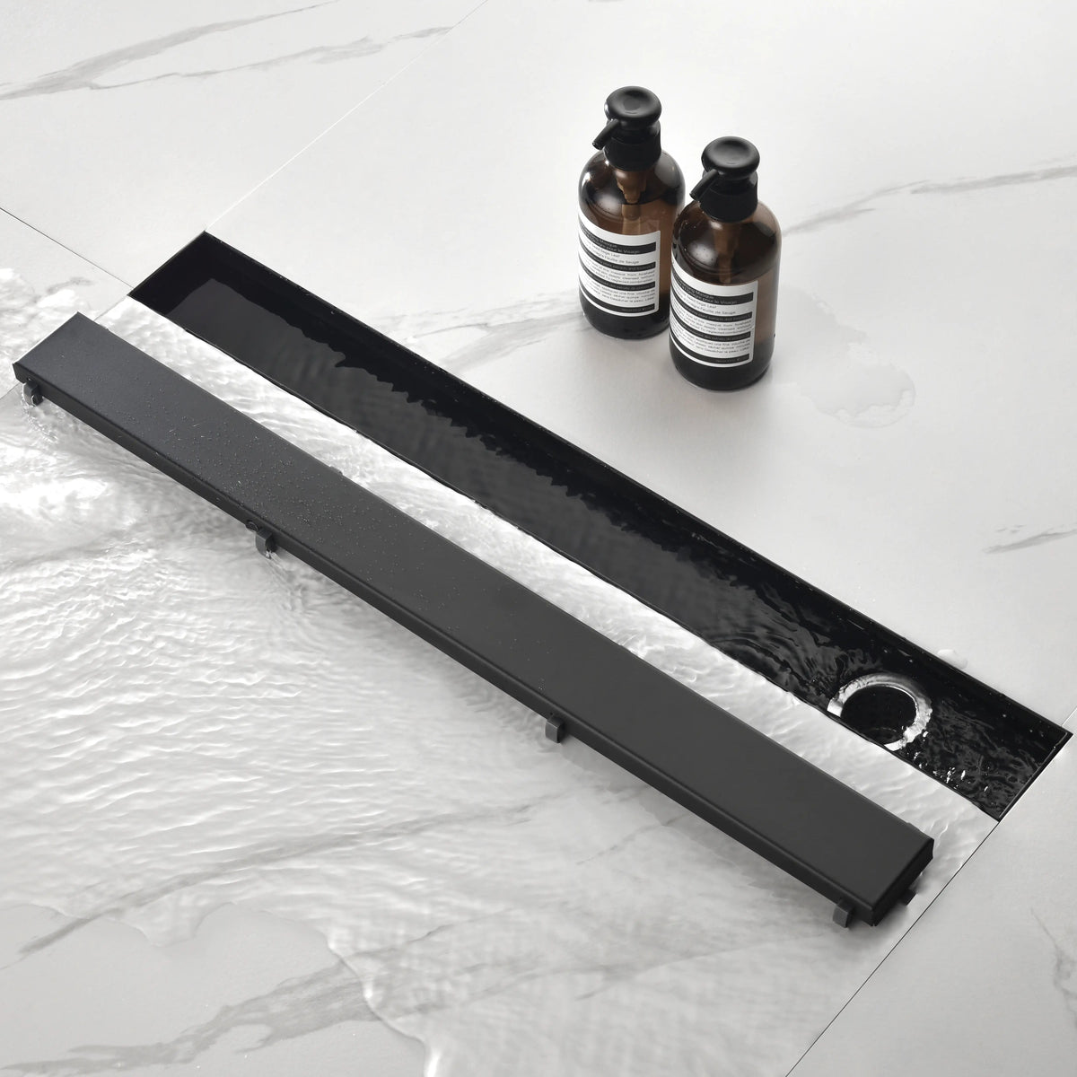 Offset Linear Shower Drain in 304 Stainless Steel with Reversible Flat and Tile Insert Cover