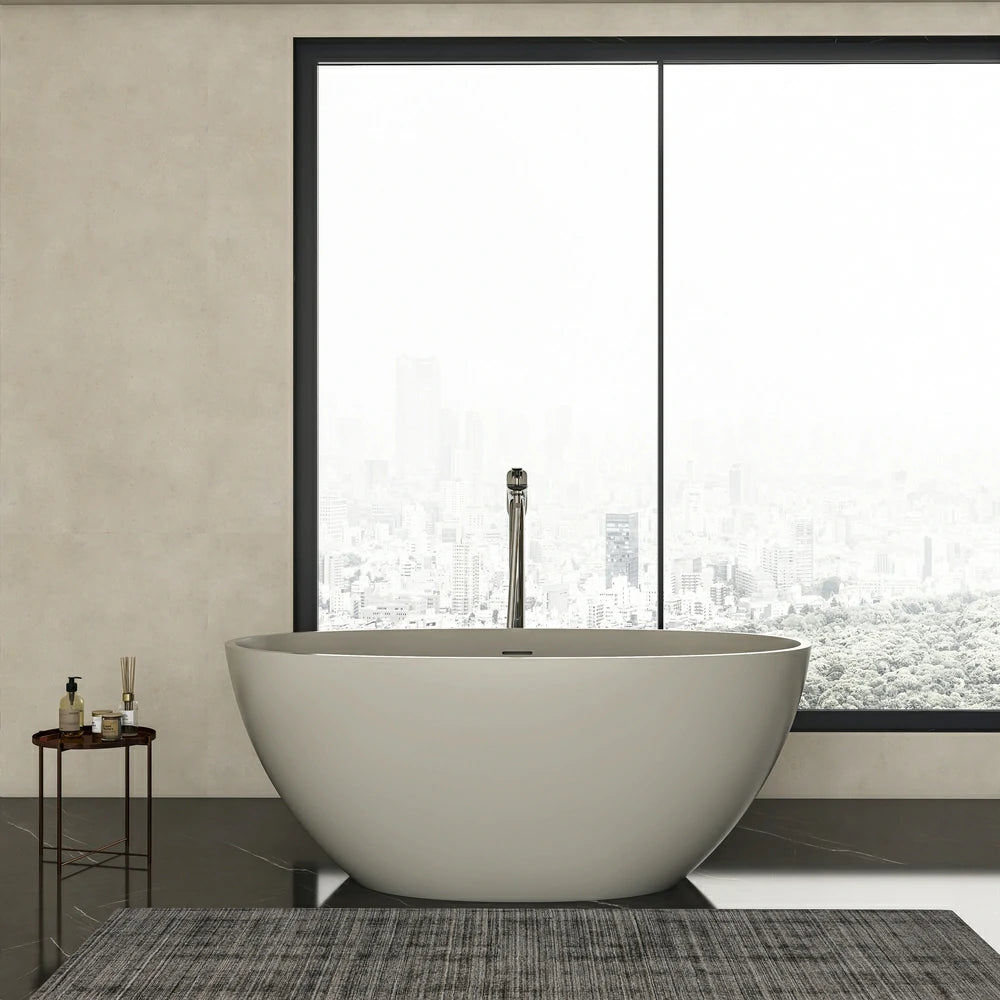 55" Light Beige Solid Surface Freestanding Soaking Bathtub