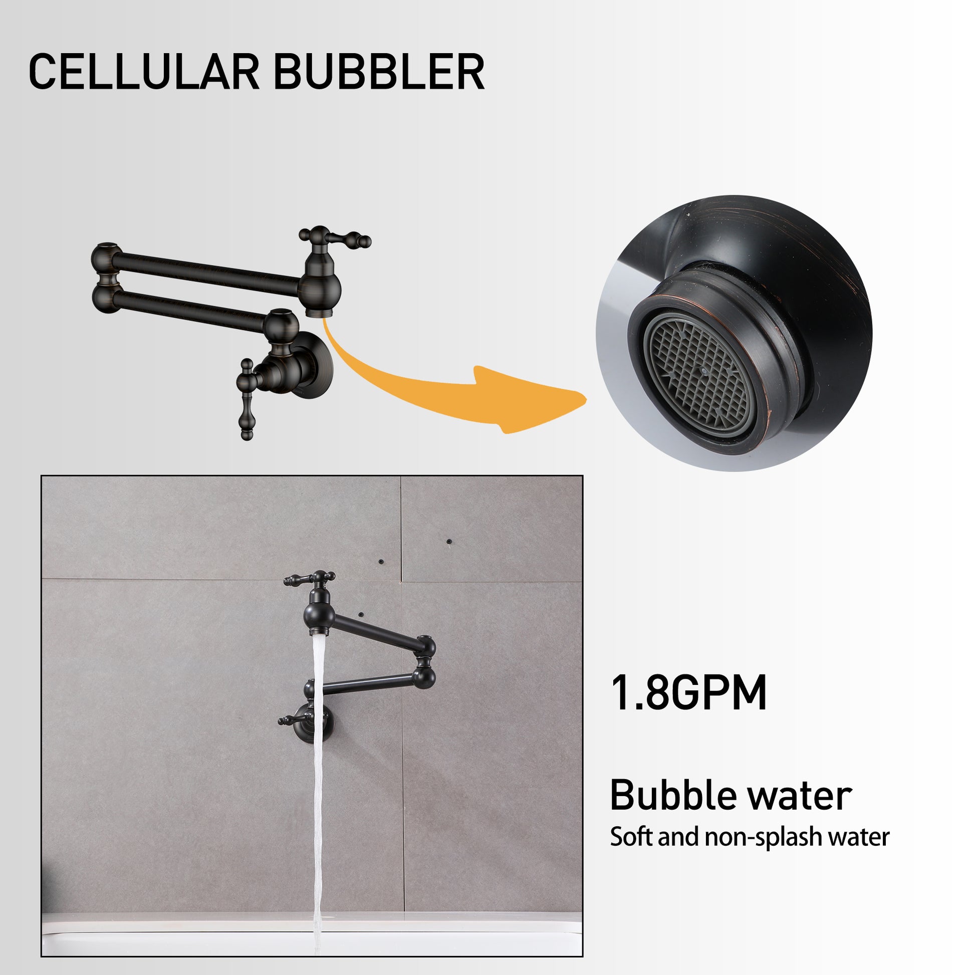 Wall Mounted Pot Filler Faucet with Double Handles, 360° Rotatable Folding Spout, Solid Brass Construction, Anti-Splash Aerator