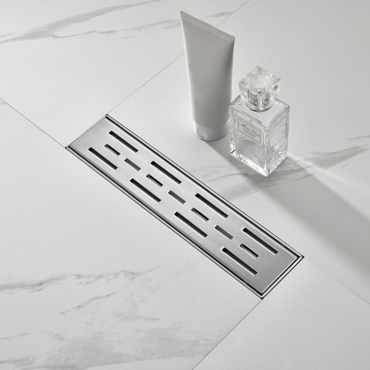 Linear Shower Drain with Brick Pattern Grate Cover and Hair Strainer in 304 Stainless Steel
