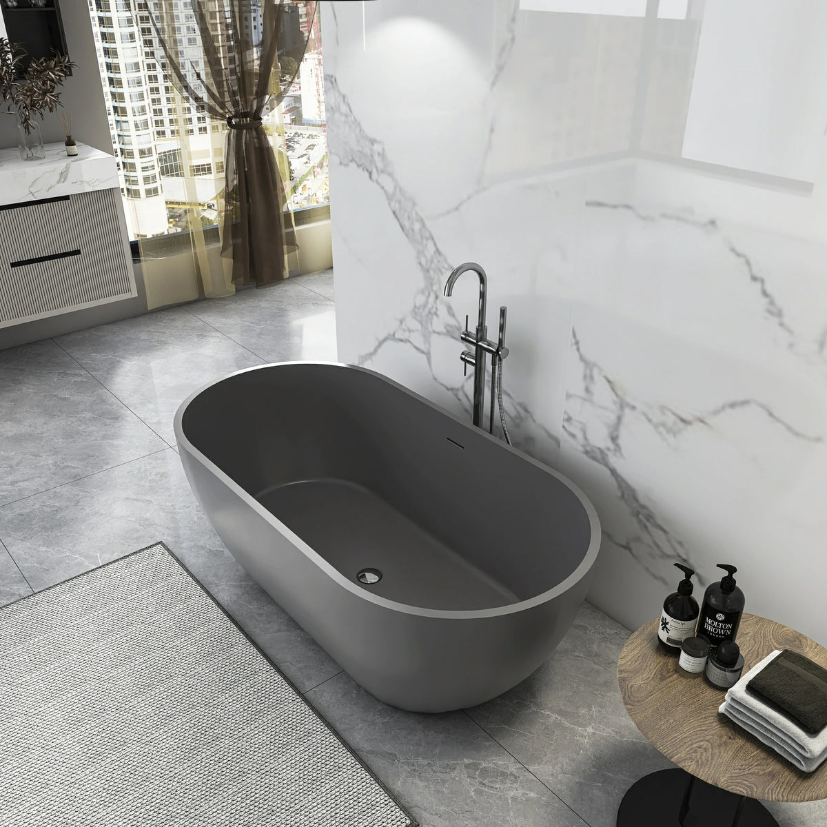 59" Small Oval Solid Surface Freestanding Bathtub in Grey / Black