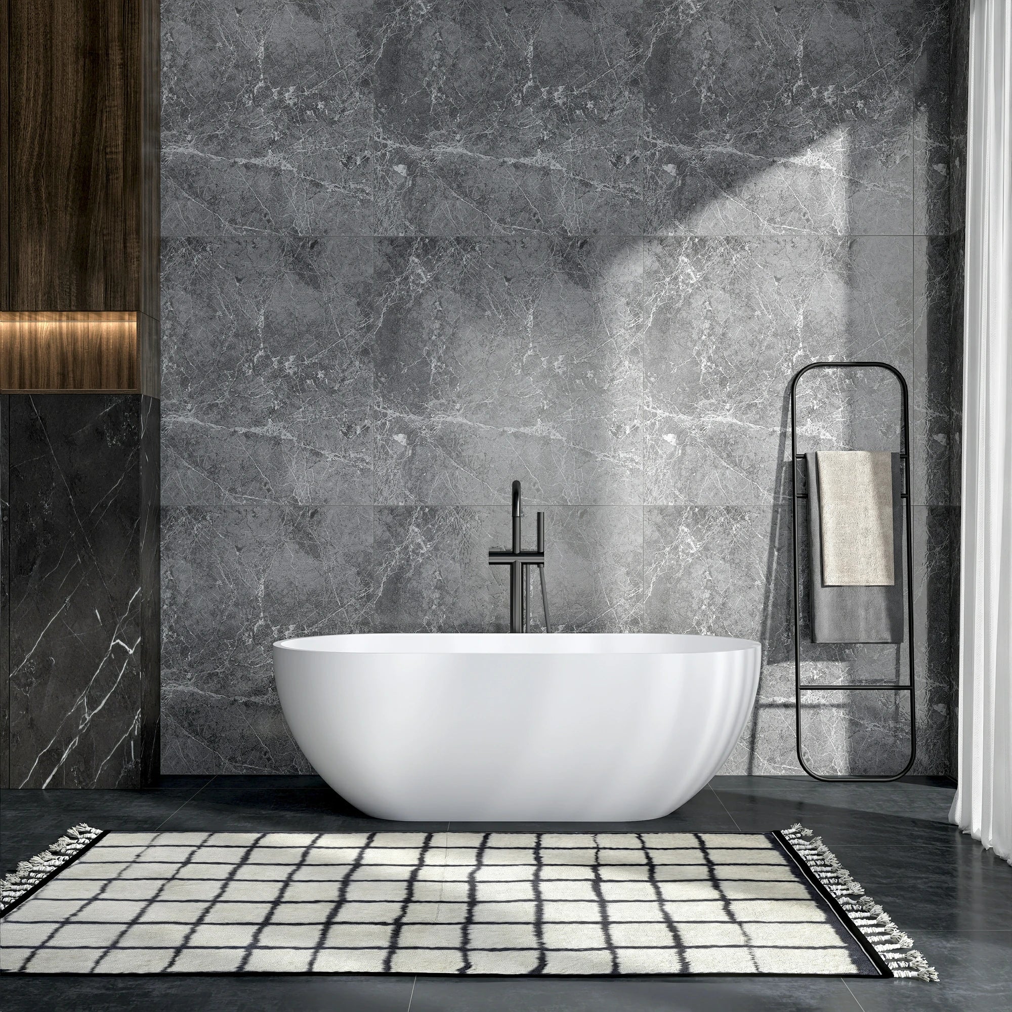 63" Oval Solid Surface Freestanding Bathtub in Matte White and Dark Grey