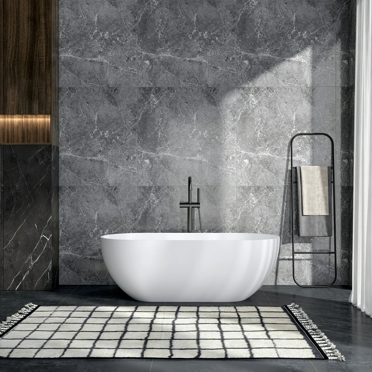 63" Oval Solid Surface Freestanding Bathtub in Matte White and Dark Grey