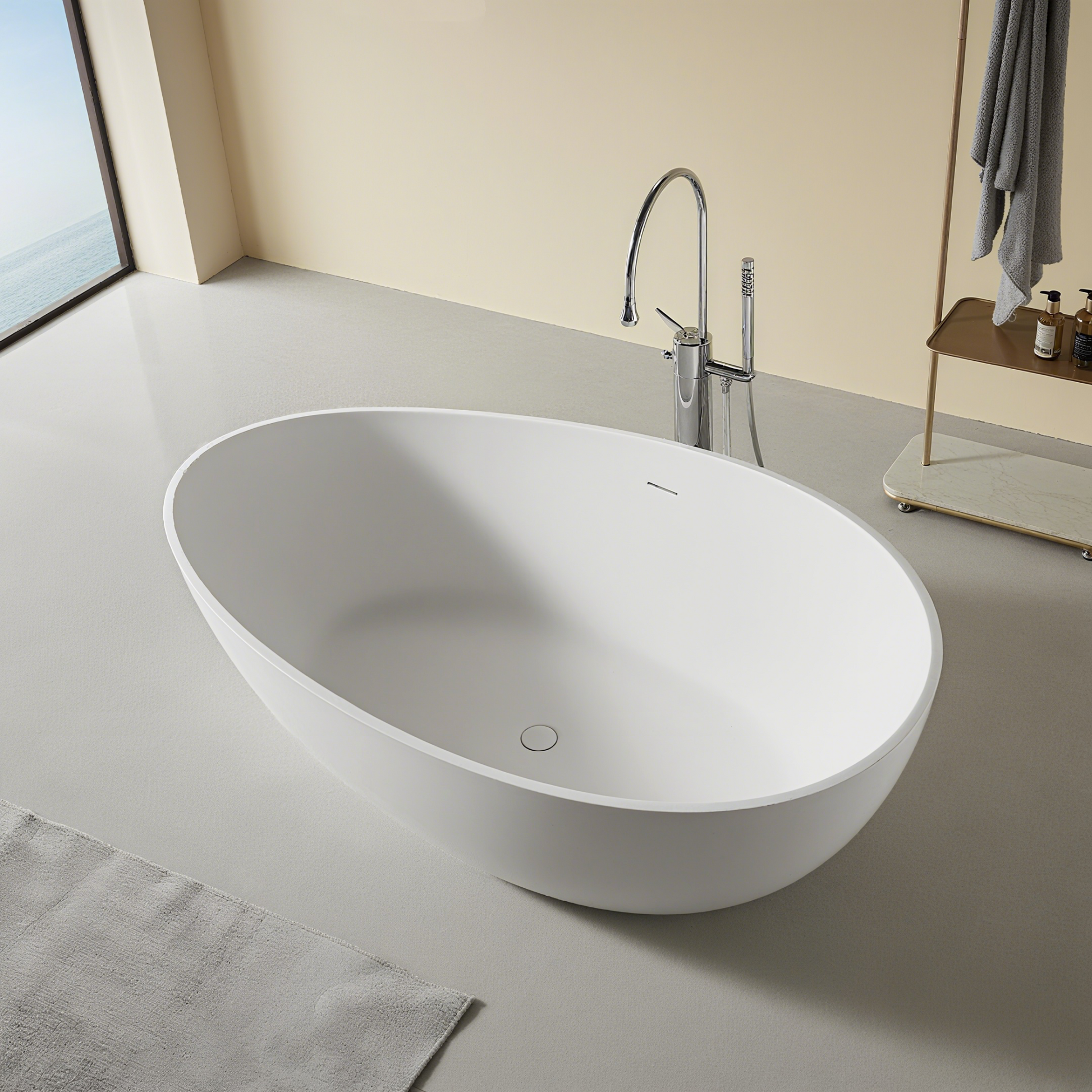 63" Unique Shaped Solid Surface Freestanding Bathtub with Warm-Touch Insulation