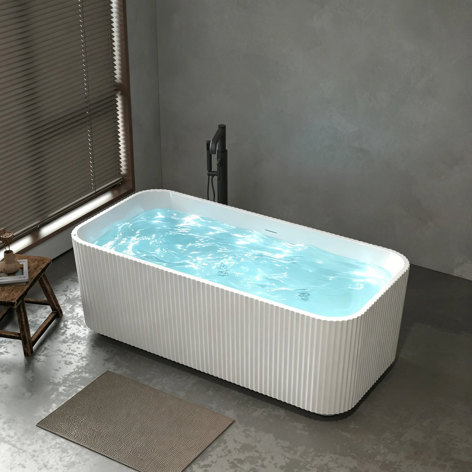 67" Gloss White Acrylic Whirlpool Freestanding Bathtub with 10 Jets and Vertical Fluted Exterior