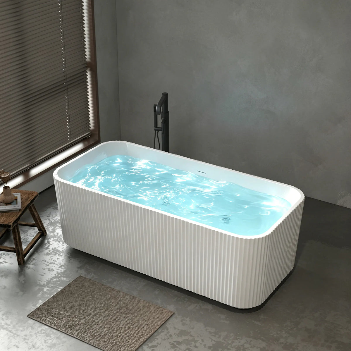 67" Gloss White Acrylic Whirlpool Freestanding Bathtub with 10 Jets and Vertical Fluted Exterior
