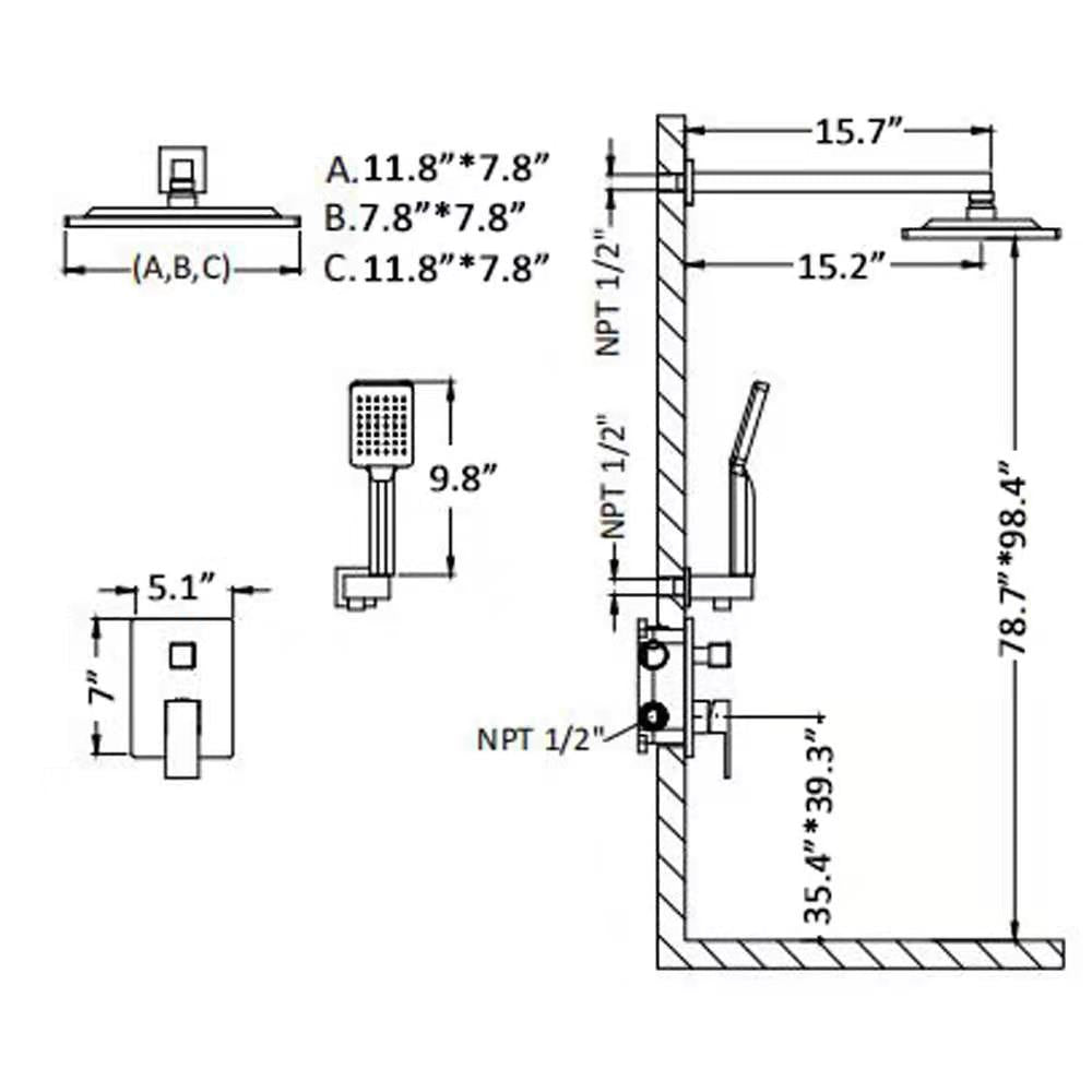 12*8 inch Wall Mounted Shower System with 3-Spray Hand Shower