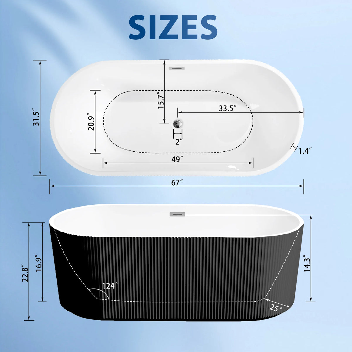 59"/67" Acrylic Freestanding Bathtub with Vertical Fluted Exterior, Gloss Black/White