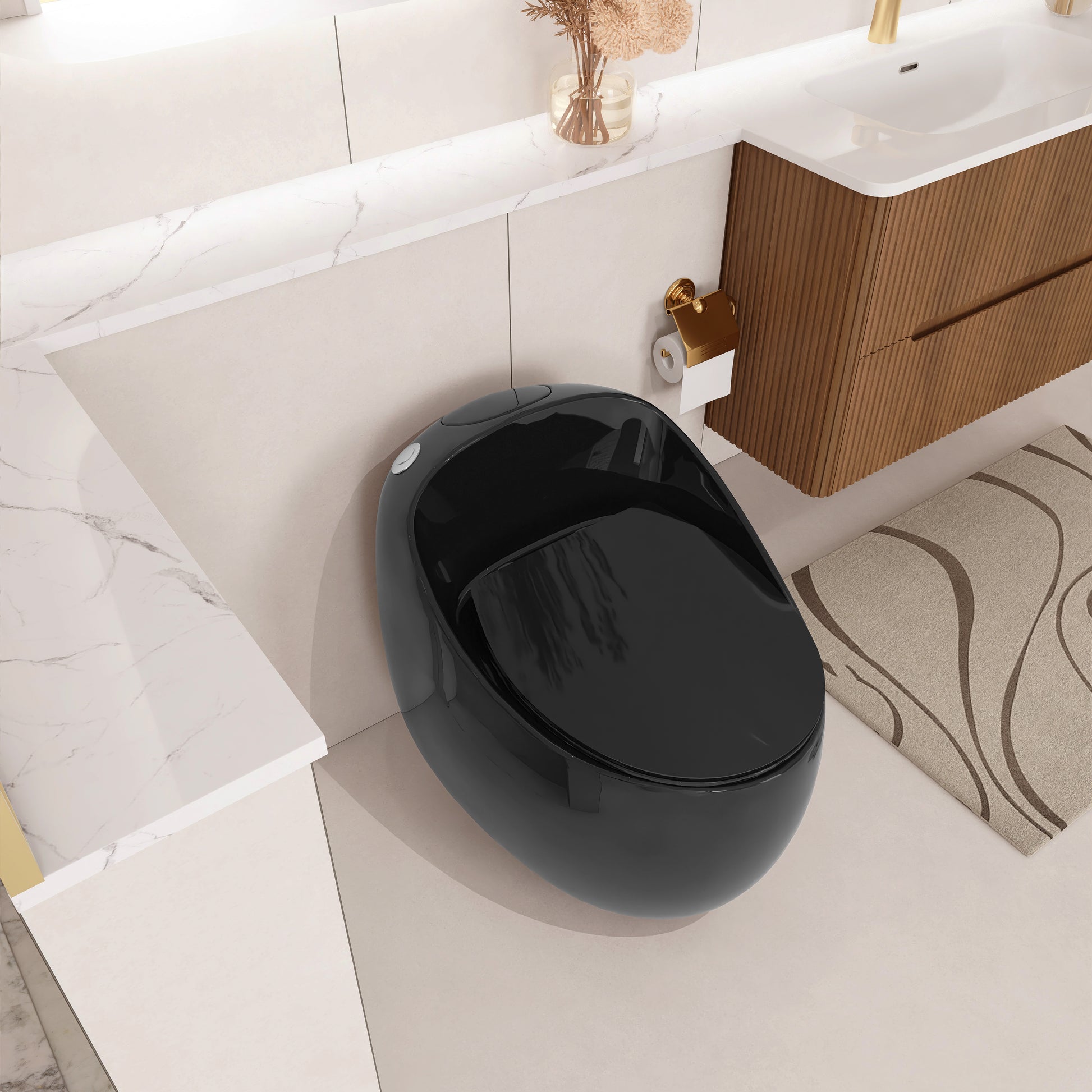 Egg Shape 1-Piece Toilet in Glossy White/Black with 1.28 GPF Single Flush