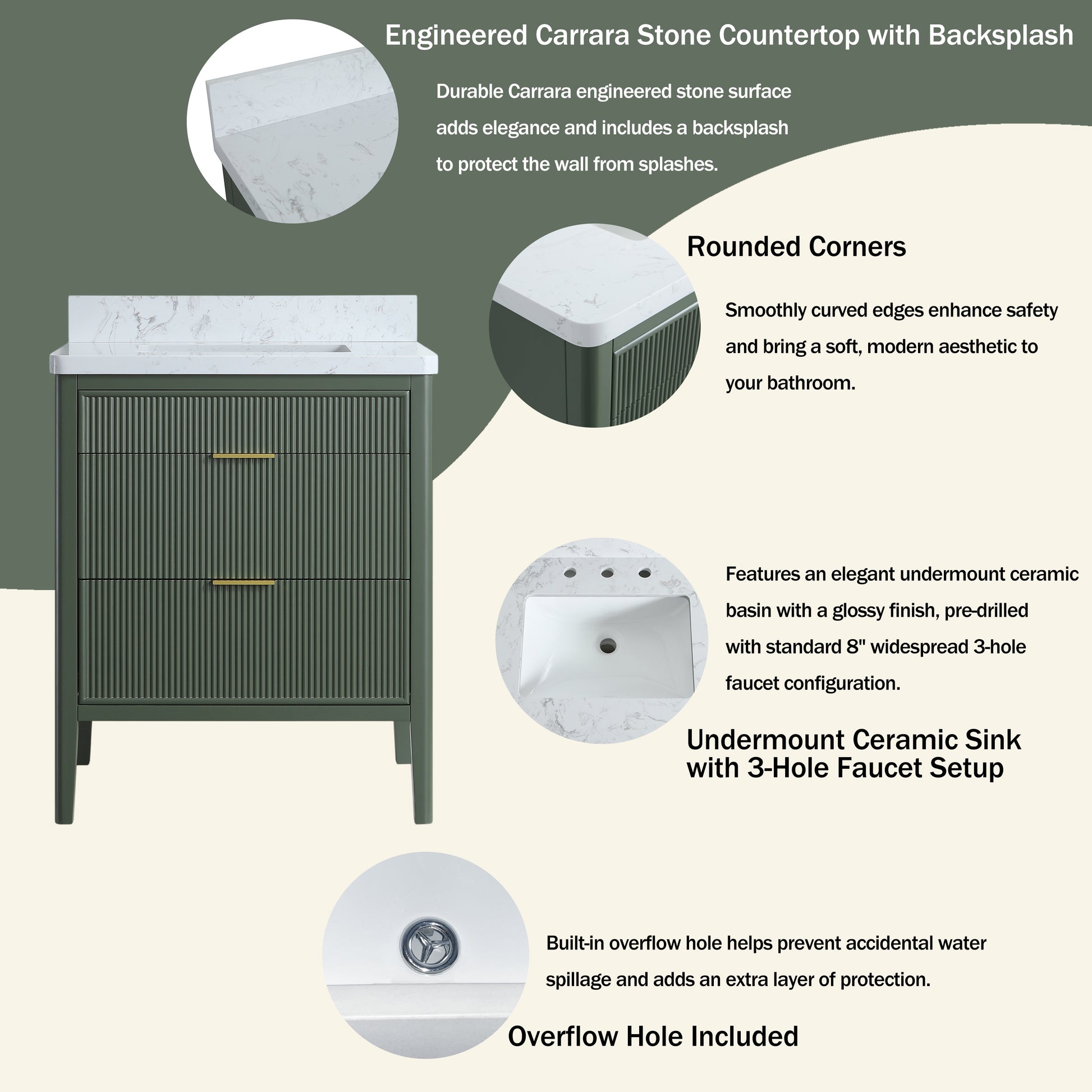 30"/36"/48" Freestanding Single Sink Bathroom Vanity with Solid Wood Construction & Marble Top
