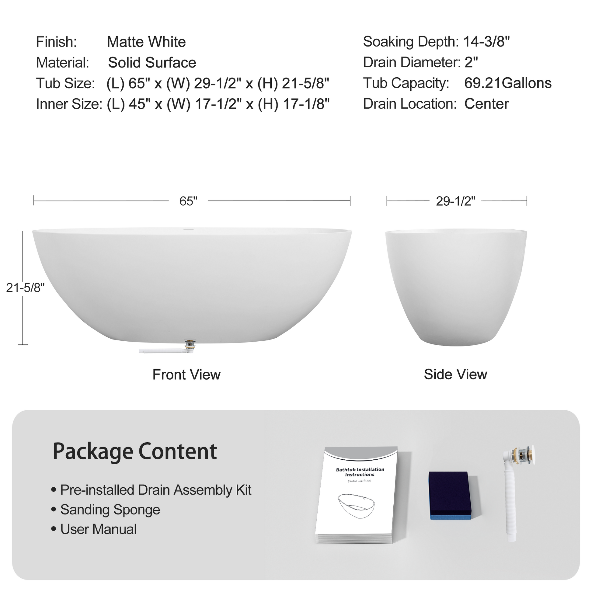65" Oval Stone Resin Freestanding Soaking Tub with Ergonomic Design
