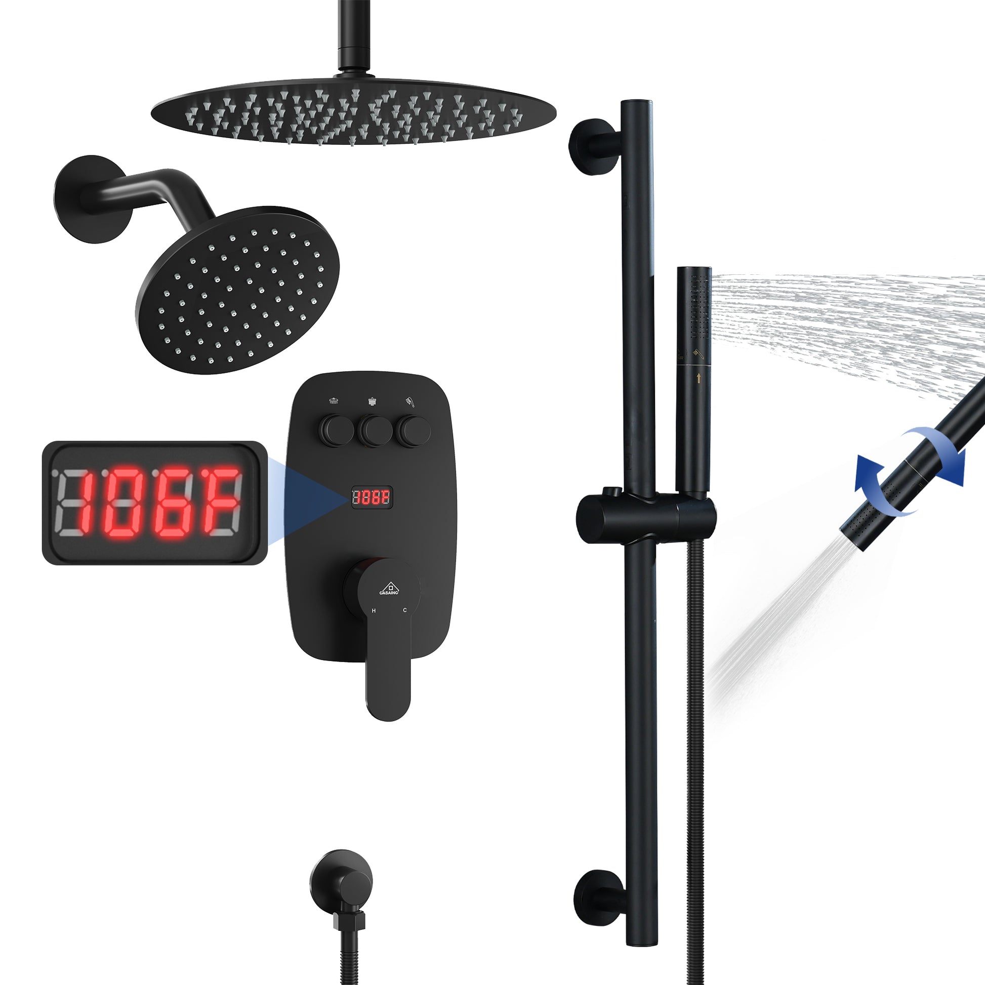 12-inch Ceiling-Mounted Dual Shower System with Slide Bar & Digital Display