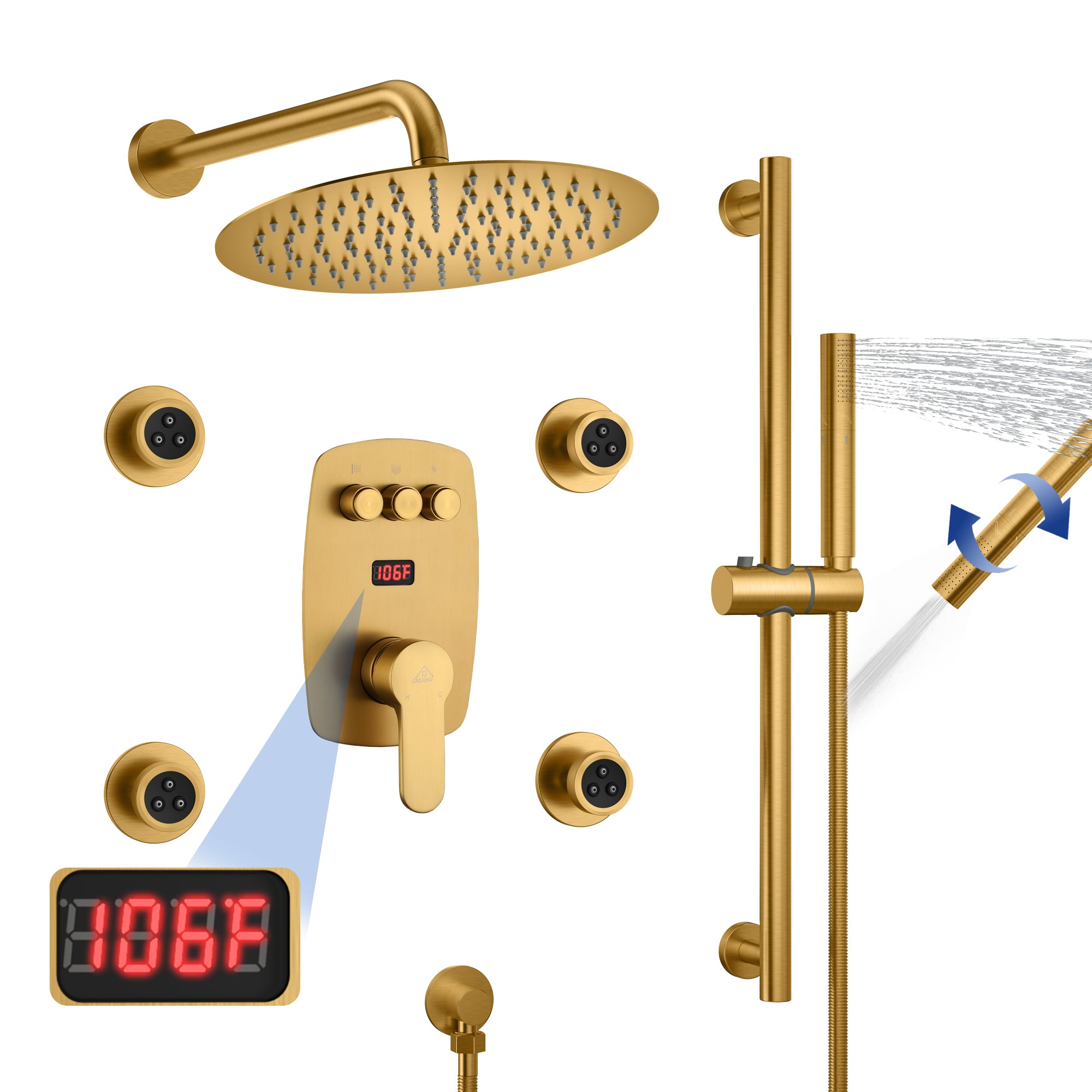 12-inch Wall-Mounted Body Jet Shower System with Slide Bar & Digital Display