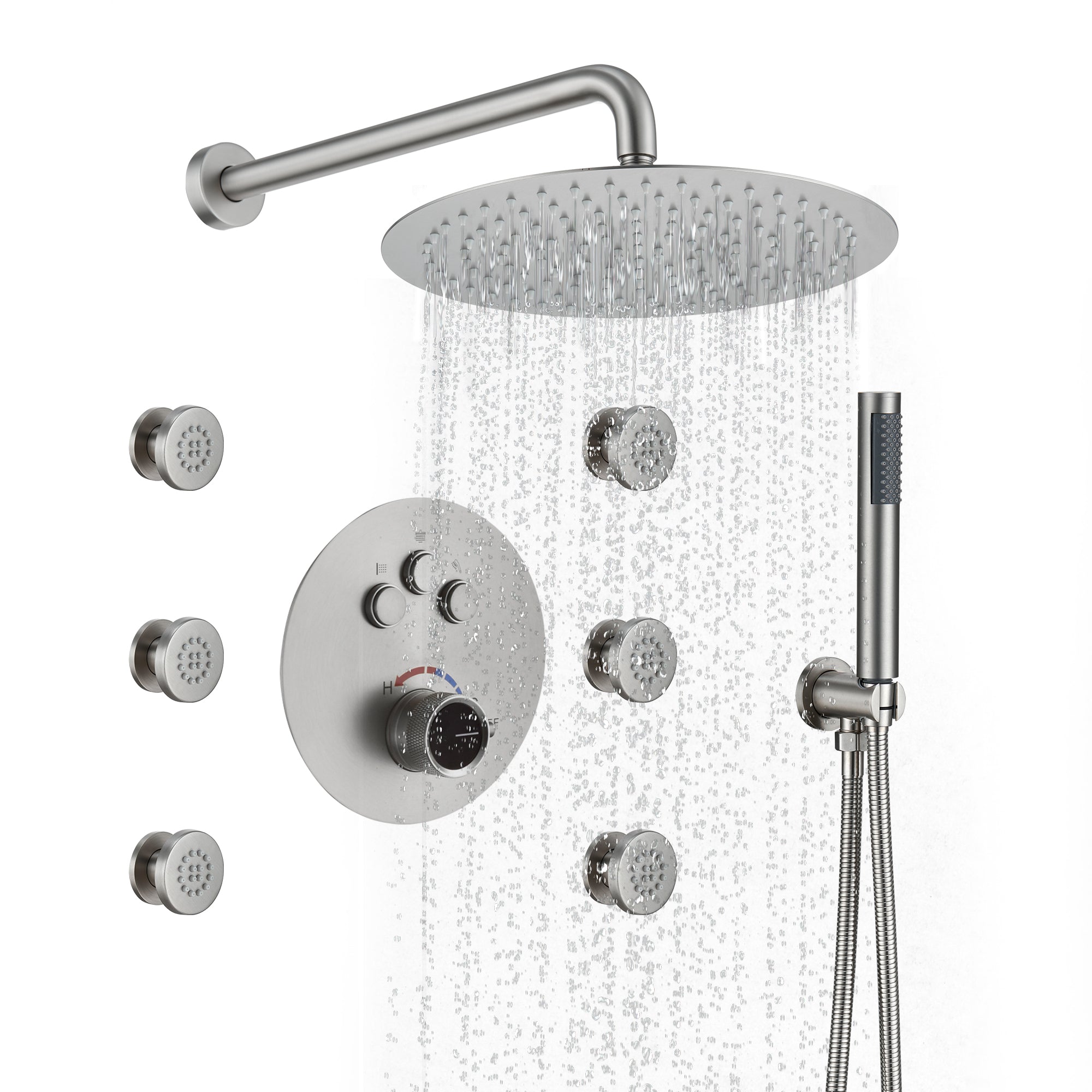 12" Round Rainfall Shower System with 6 Adjustable Body Jets