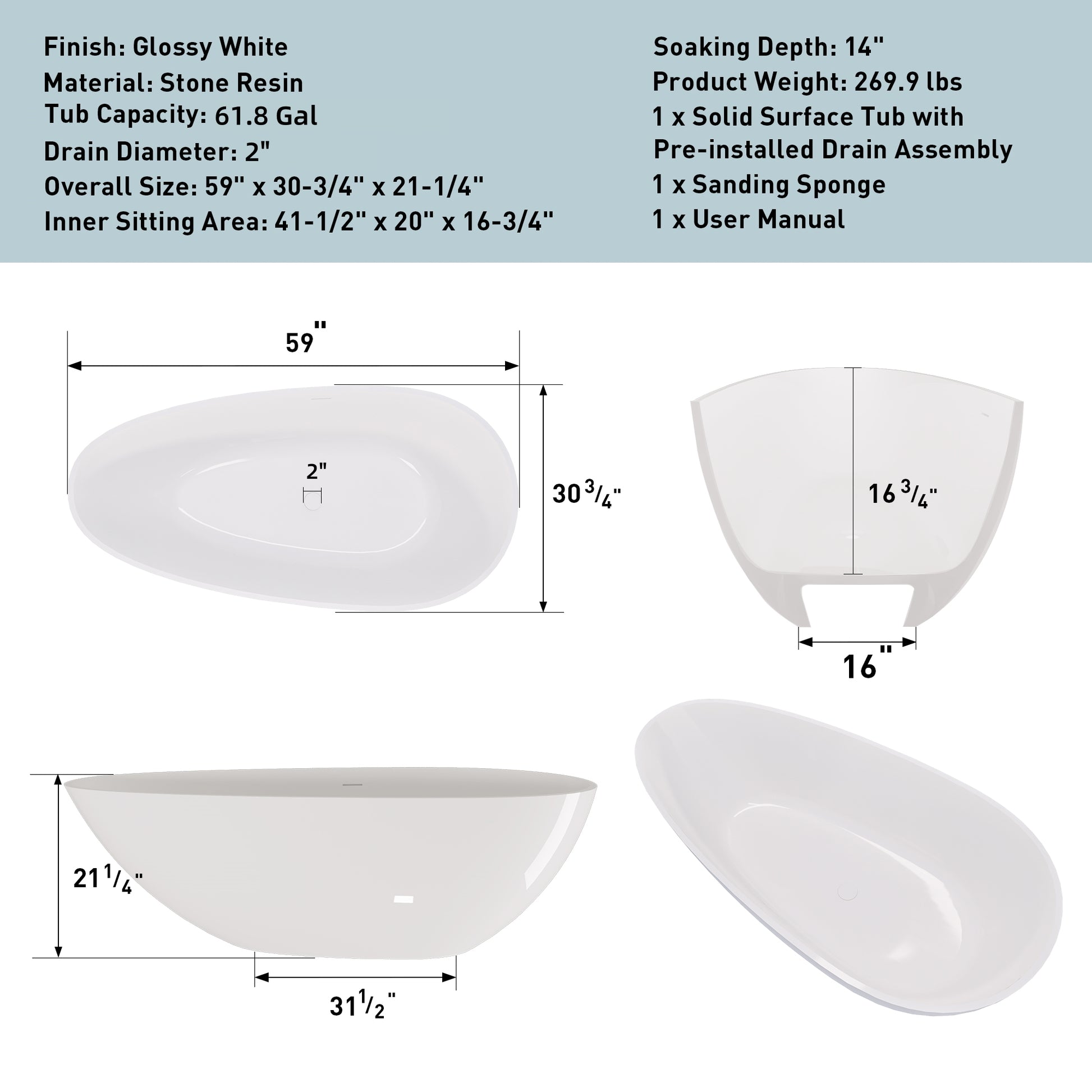 59" Luxury Handcrafted Freestanding Solid Surface Soaking Bathtub in Glossy White