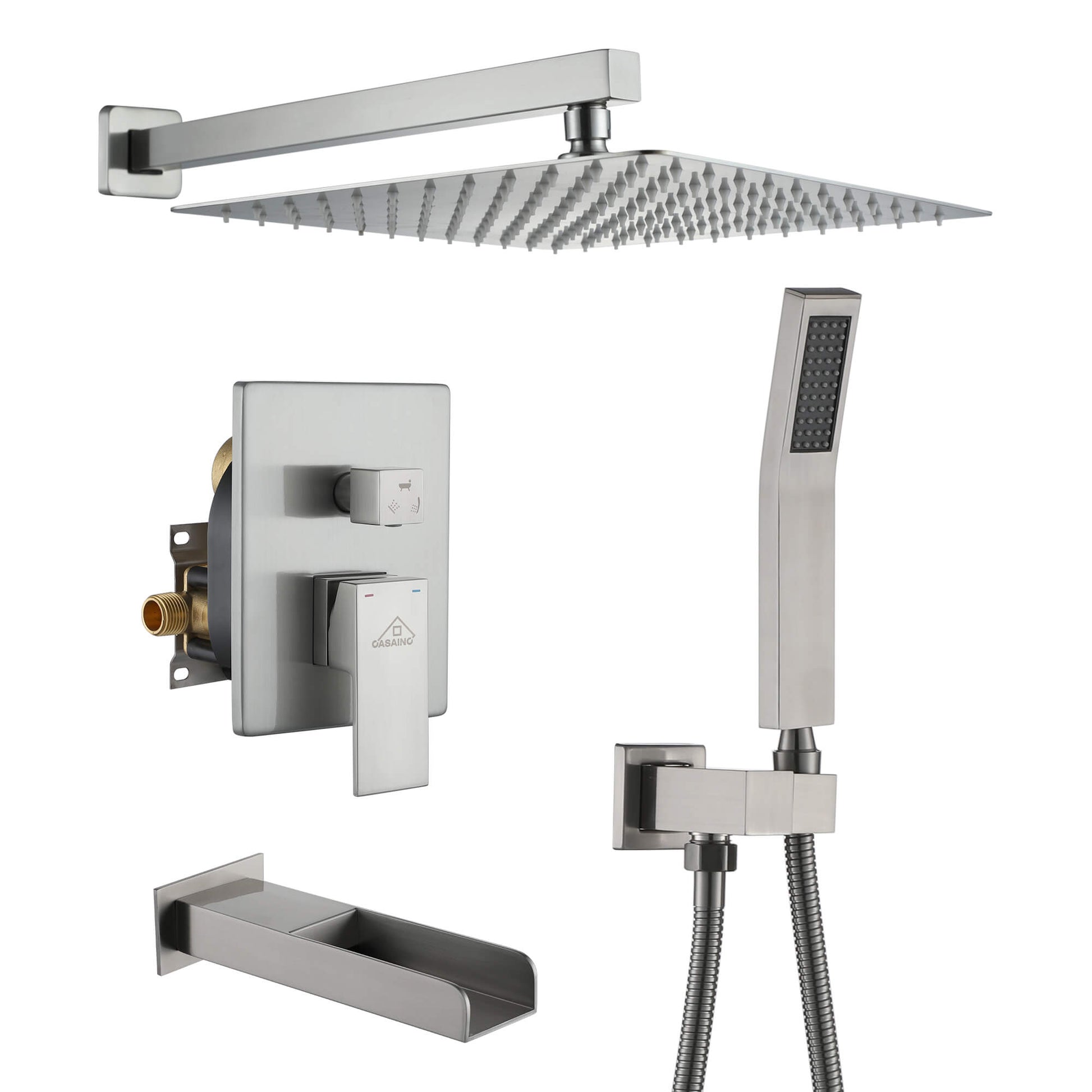 CASAINC Wall Mounted Shower System with Handheld Shower and Bathtub Faucet in Brushed Nickel